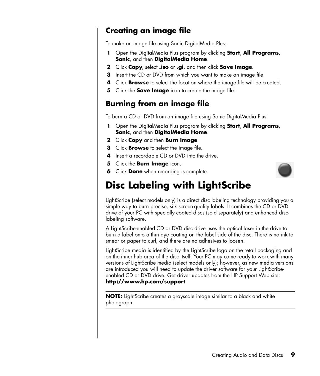 HP a1138hk, a1160a, a1140a, a1120a manual Disc Labeling with LightScribe, Creating an image file, Burning from an image file 