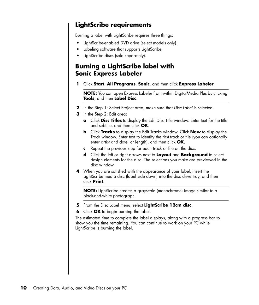 HP a1140a, a1160a, a1138hk, a1120a manual LightScribe requirements, Burning a LightScribe label with Sonic Express Labeler 