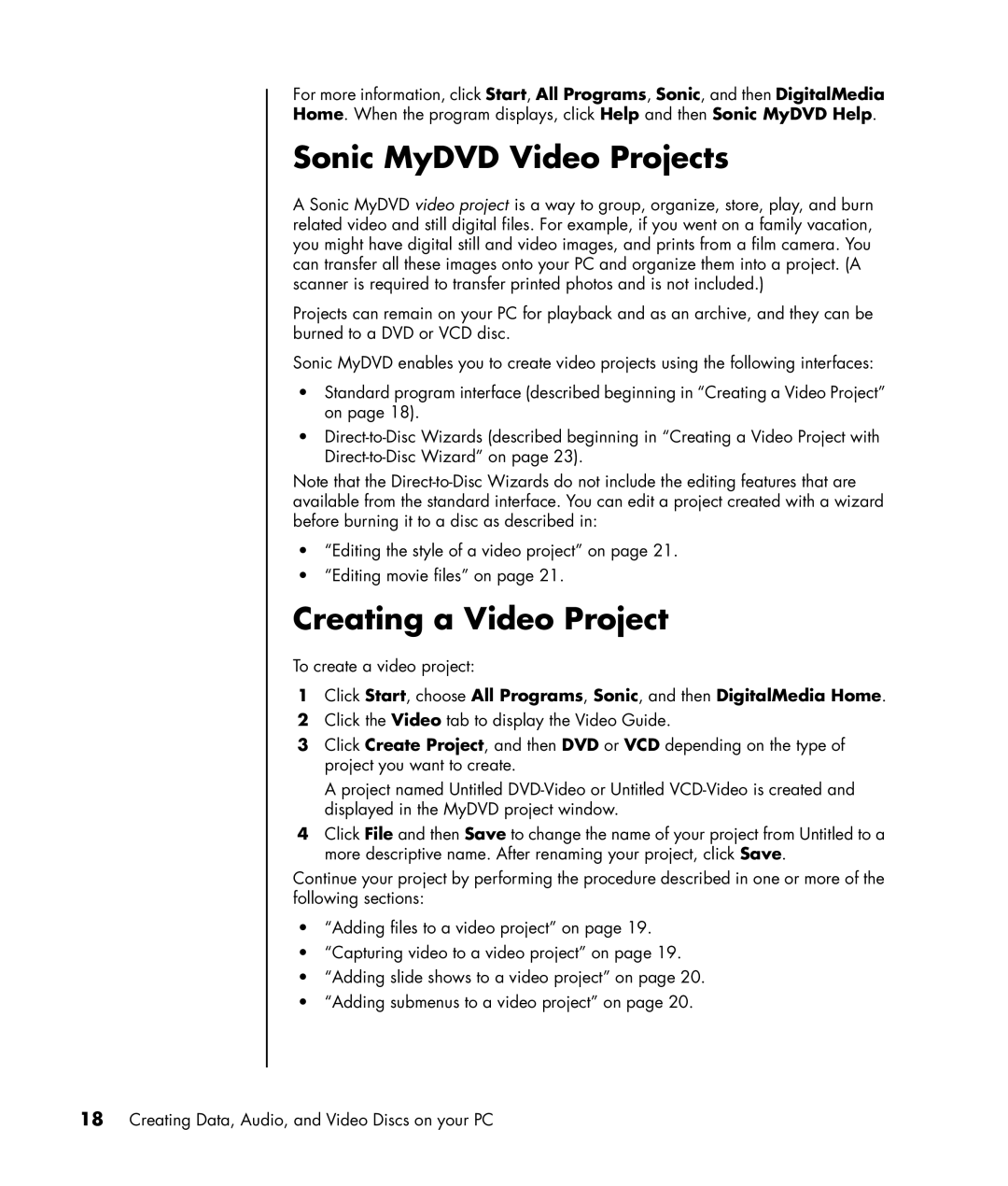 HP a1140a, a1160a, a1138hk, a1120a manual Sonic MyDVD Video Projects, Creating a Video Project 