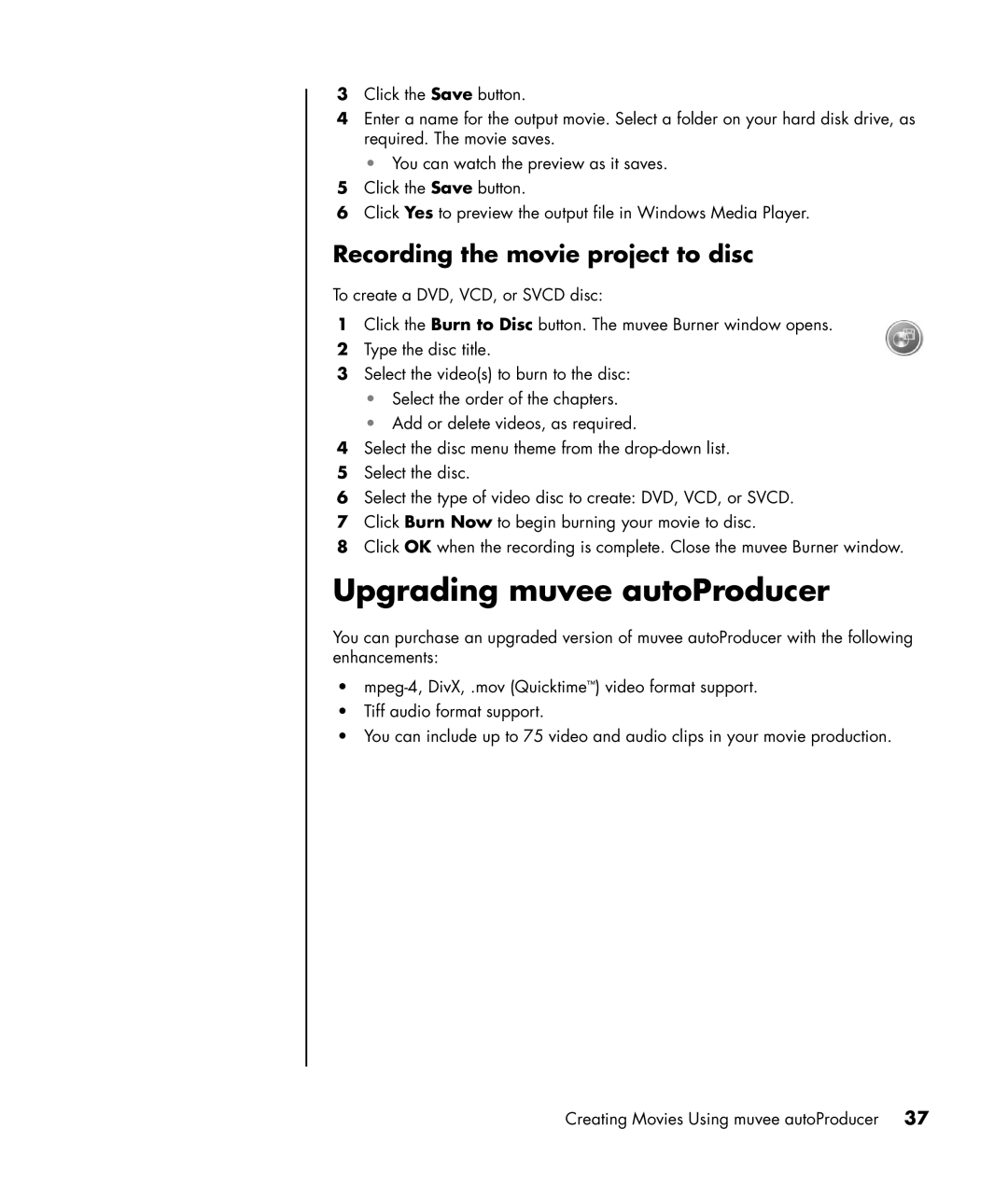 HP a1138hk, a1160a, a1140a, a1120a manual Upgrading muvee autoProducer, Recording the movie project to disc 