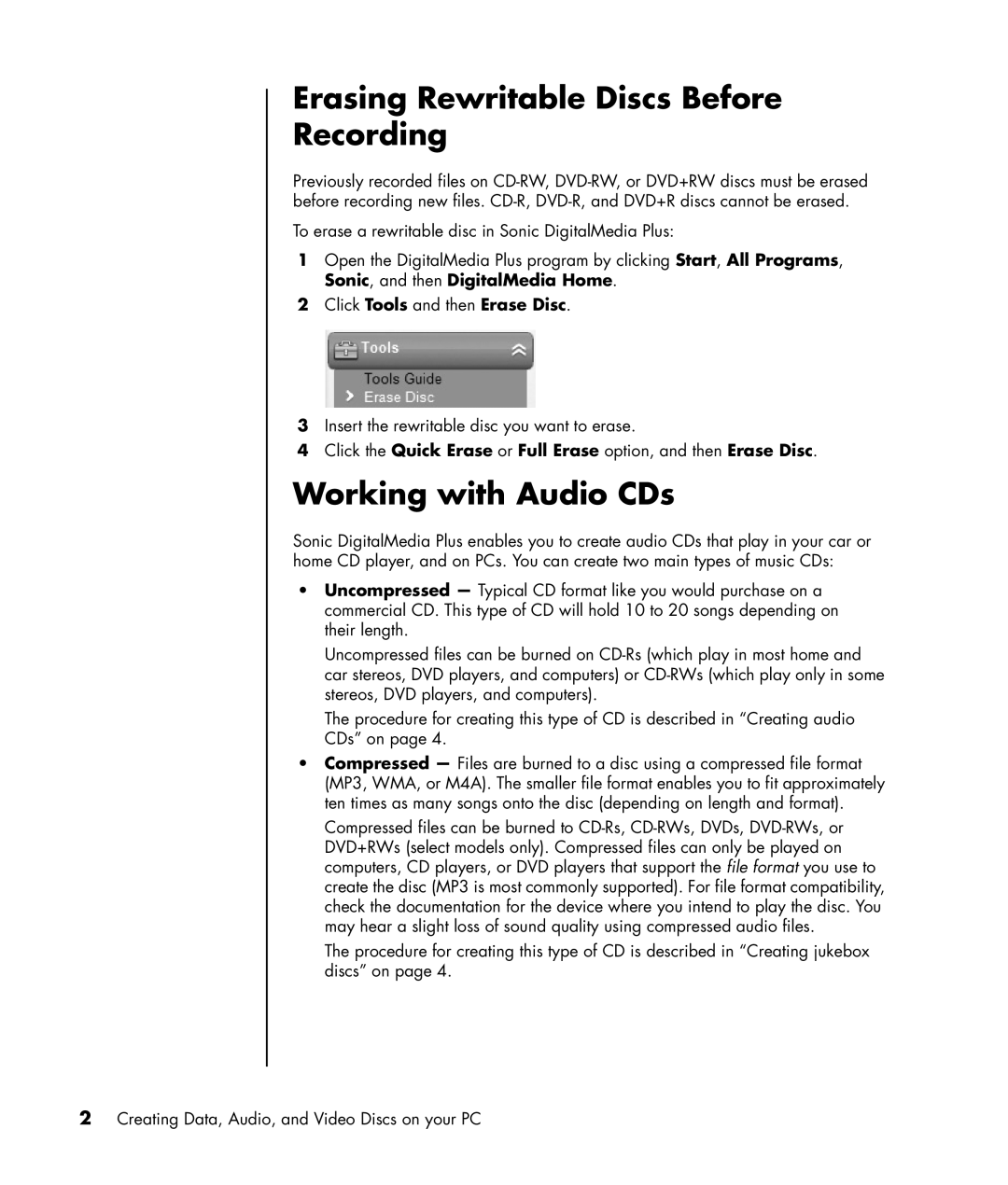 HP a1140a, a1160a, a1138hk, a1120a manual Erasing Rewritable Discs Before Recording, Working with Audio CDs 