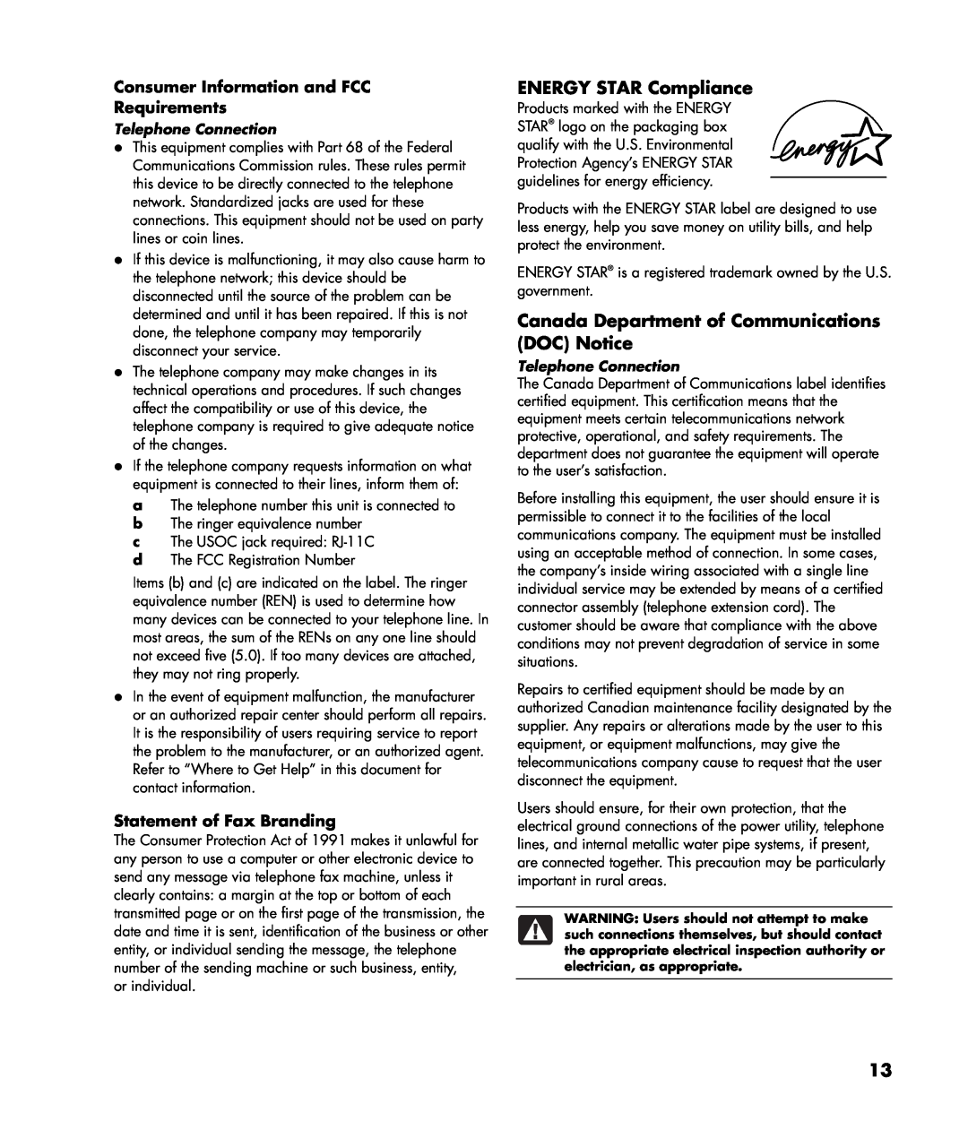 HP a1118x, a1163w, a1173w ENERGY STAR Compliance, Canada Department of Communications DOC Notice, Statement of Fax Branding 