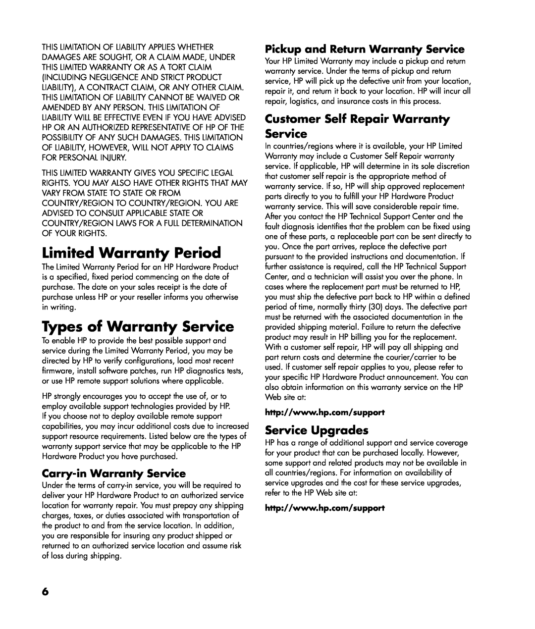 HP a1100n Limited Warranty Period, Types of Warranty Service, Customer Self Repair Warranty Service, Service Upgrades 