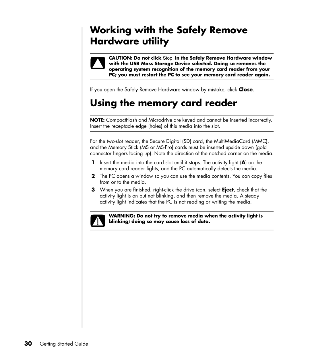 HP a1113w, a1163w, a1173w, a1140n, a1133w manual Working with the Safely Remove Hardware utility, Using the memory card reader 