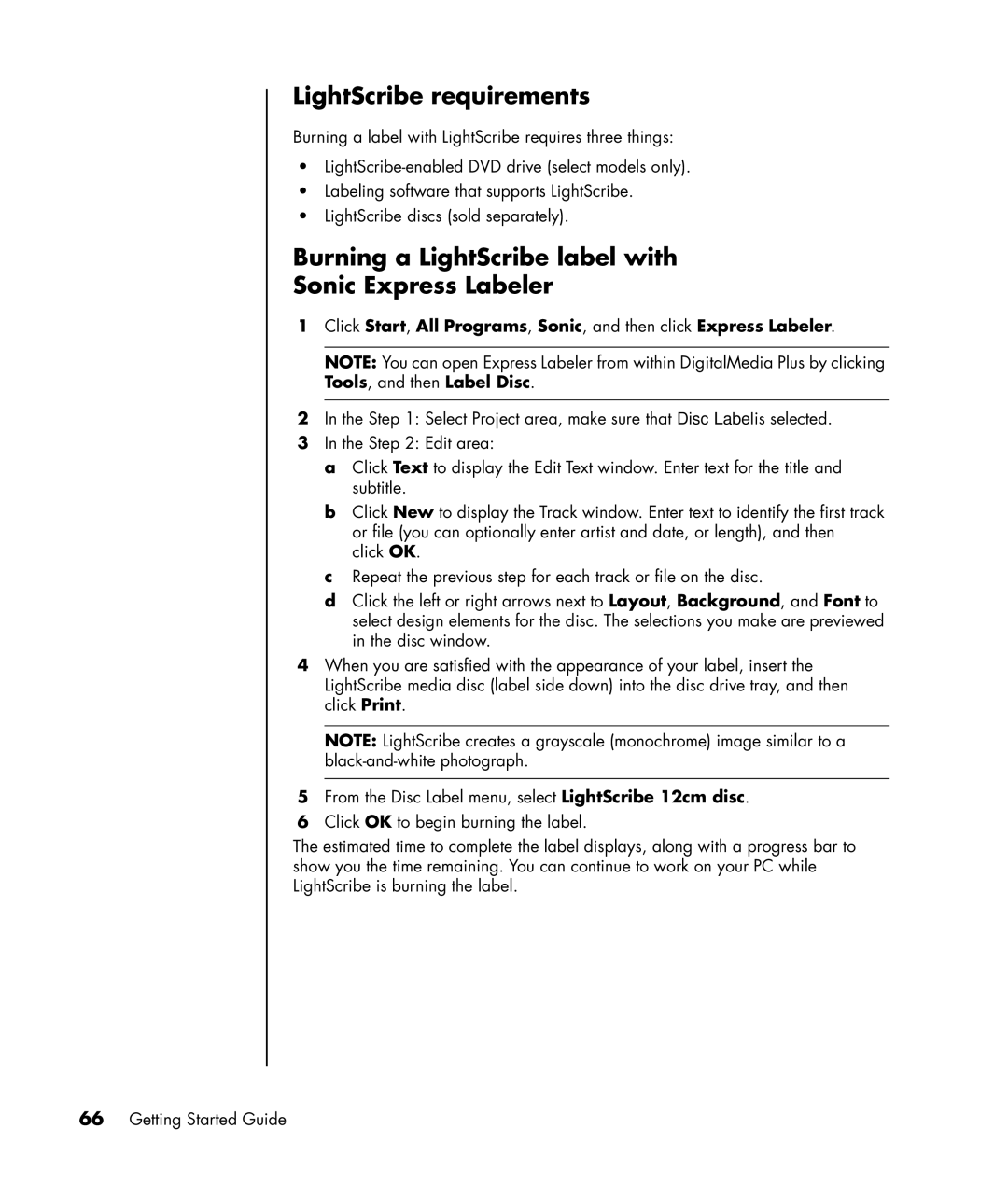 HP a1112n, a1163w, a1173w, a1140n, a1133w LightScribe requirements, Burning a LightScribe label with Sonic Express Labeler 