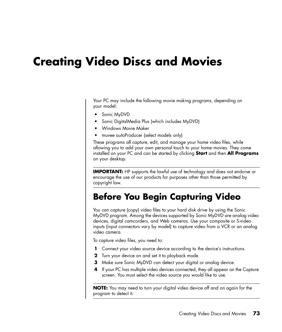 HP a1133w, a1163w, a1173w, a1140n, a1102n, a1104x, a1106n Creating Video Discs and Movies, Before You Begin Capturing Video 