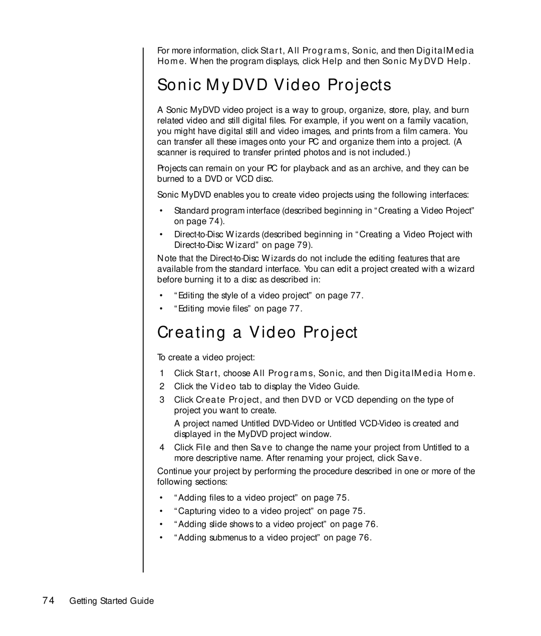 HP a1102n, a1163w, a1173w, a1140n, a1133w, a1104x, a1106n, a1100n, a1130n Sonic MyDVD Video Projects, Creating a Video Project 