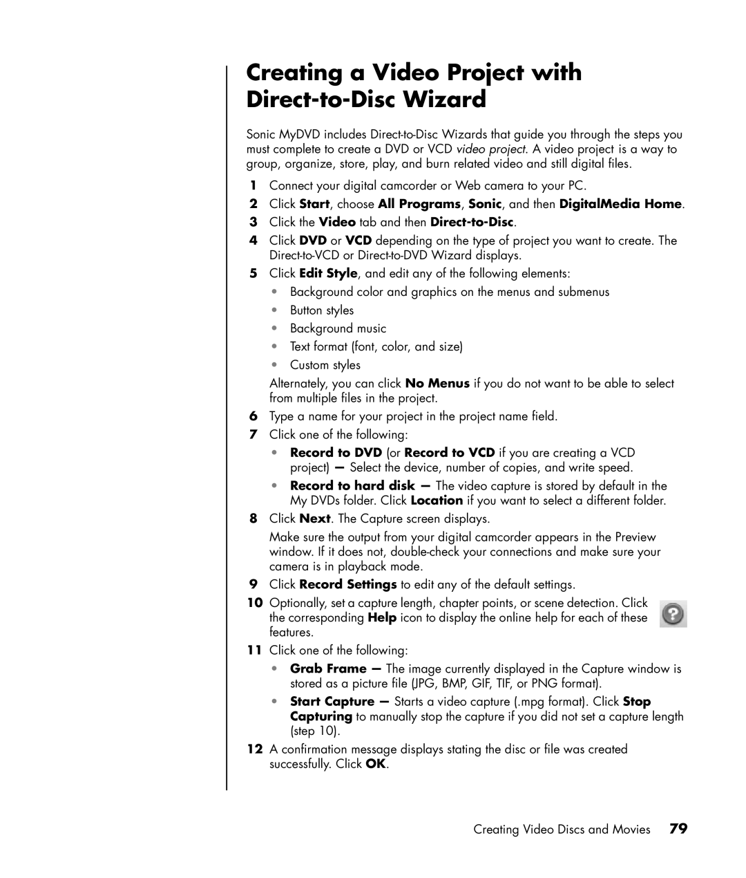 HP a1129n, a1163w, a1173w, a1140n, a1133w, a1102n, a1104x, a1106n, a1100n Creating a Video Project with Direct-to-Disc Wizard 