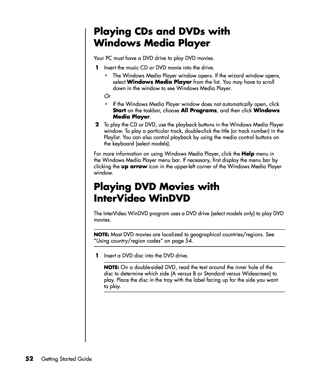 HP a1173w, a1163w, a1140n, a1133w Playing CDs and DVDs with Windows Media Player, Playing DVD Movies with InterVideo WinDVD 