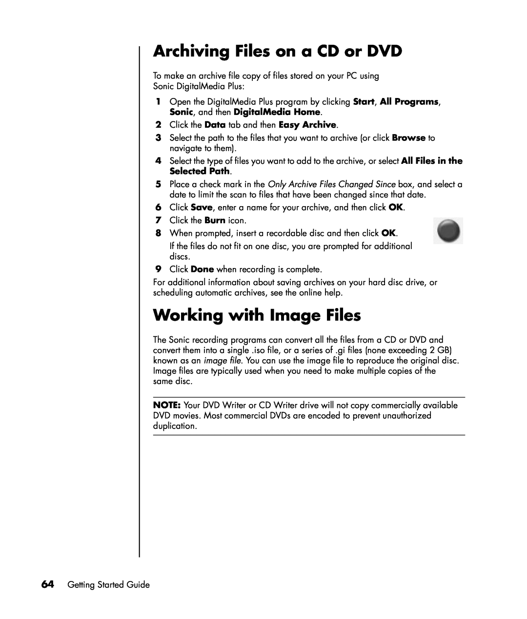HP a1116x, a1163w, a1173w, a1140n, a1133w, a1102n, a1104x, a1106n manual Archiving Files on a CD or DVD, Working with Image Files 