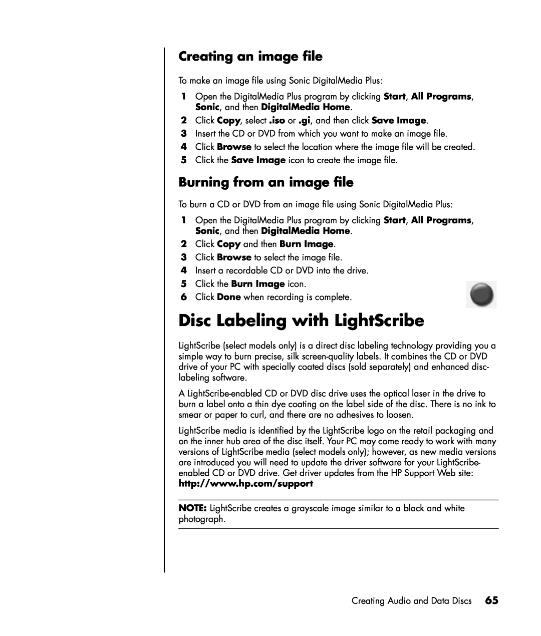 HP a1120n, a1163w, a1173w, a1140n, a1133w Disc Labeling with LightScribe, Creating an image file, Burning from an image file 