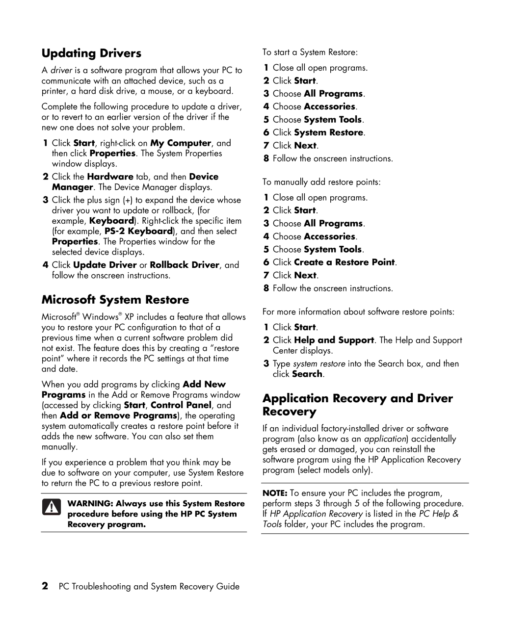 HP a1133w, a1185d, a1163w, a1180d manual Updating Drivers, Microsoft System Restore, Application Recovery and Driver Recovery 