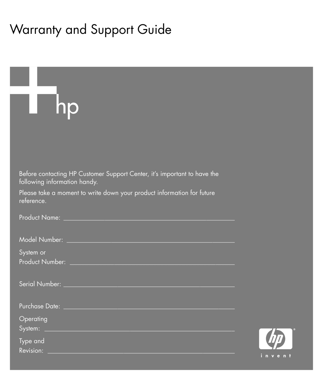 HP a1250l, a1254l manual Warranty and Support Guide, Product Name Model Number System or Product Number Serial Number 