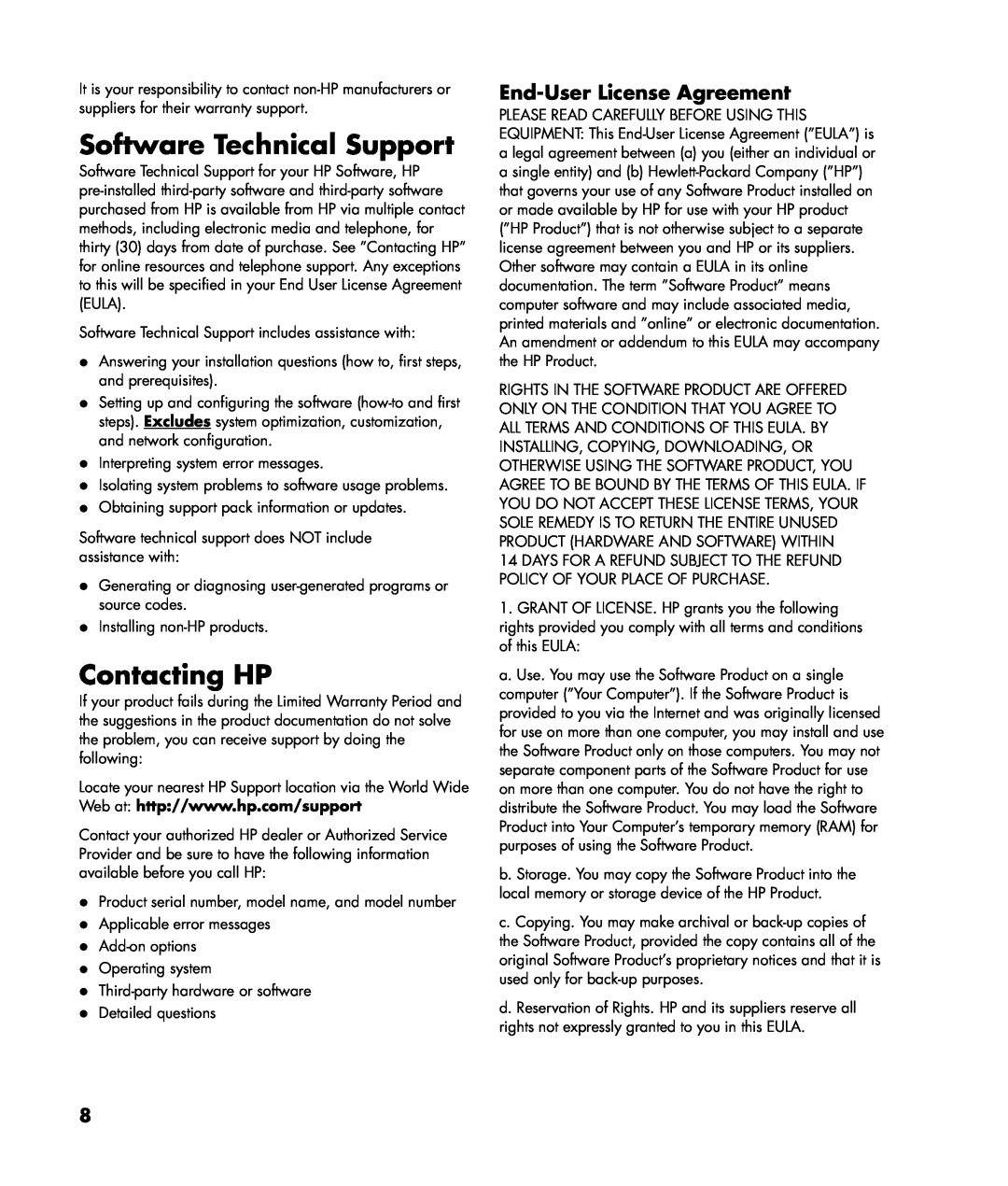 HP a1220in, a1260a, a1210in, m7260in, m7280in, m7288d Software Technical Support, Contacting HP, End-User License Agreement 