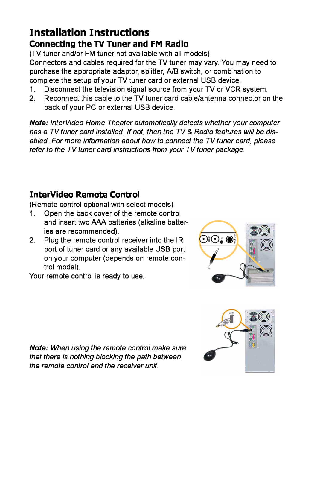 HP a1338hk, a1260a, a1370a manual Installation Instructions, Connecting the TV Tuner and FM Radio, InterVideo Remote Control 