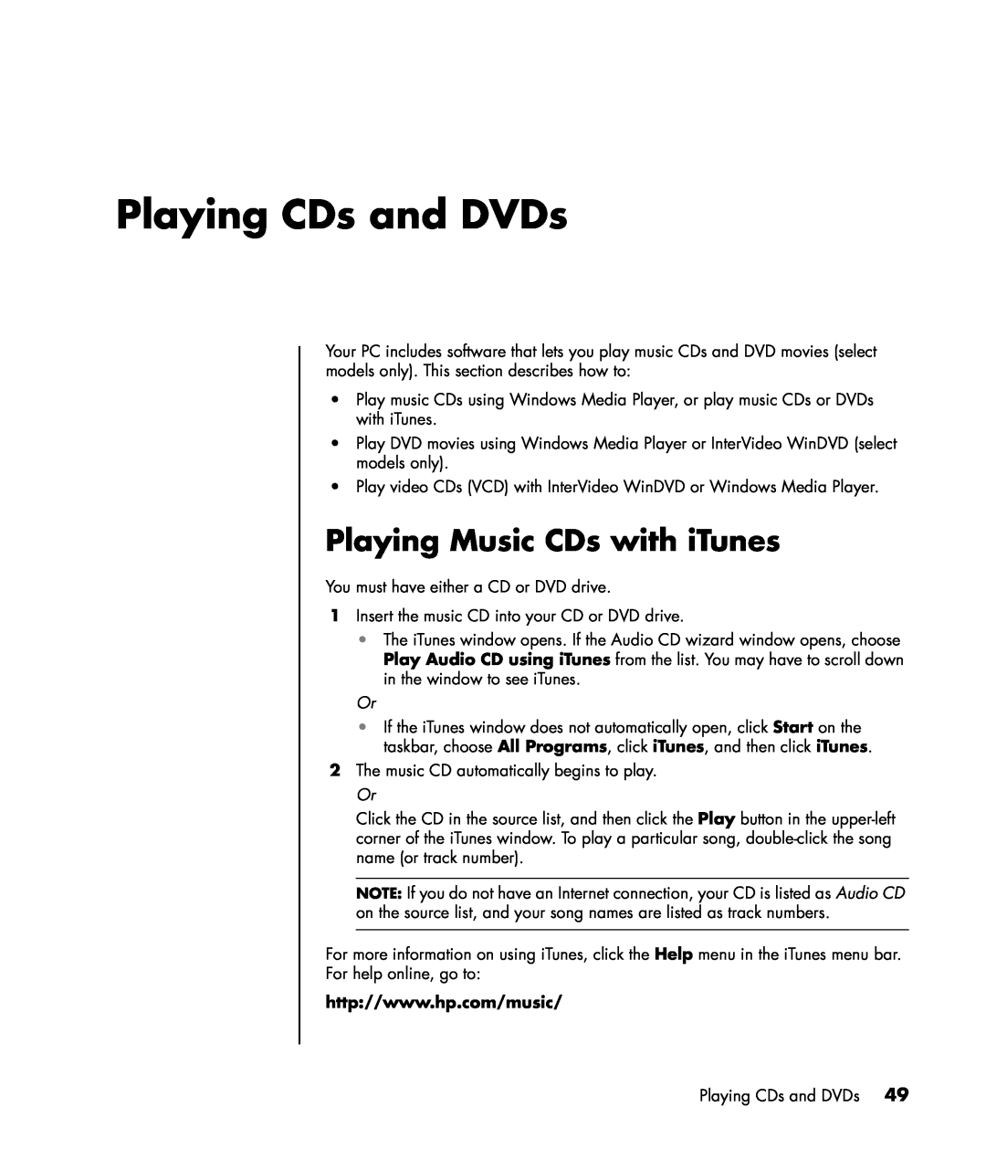 HP a1260a, a1265w, a1257c, a1245c, a1240n, a1230n, a1224n, a1226n, a1206n Playing CDs and DVDs, Playing Music CDs with iTunes 