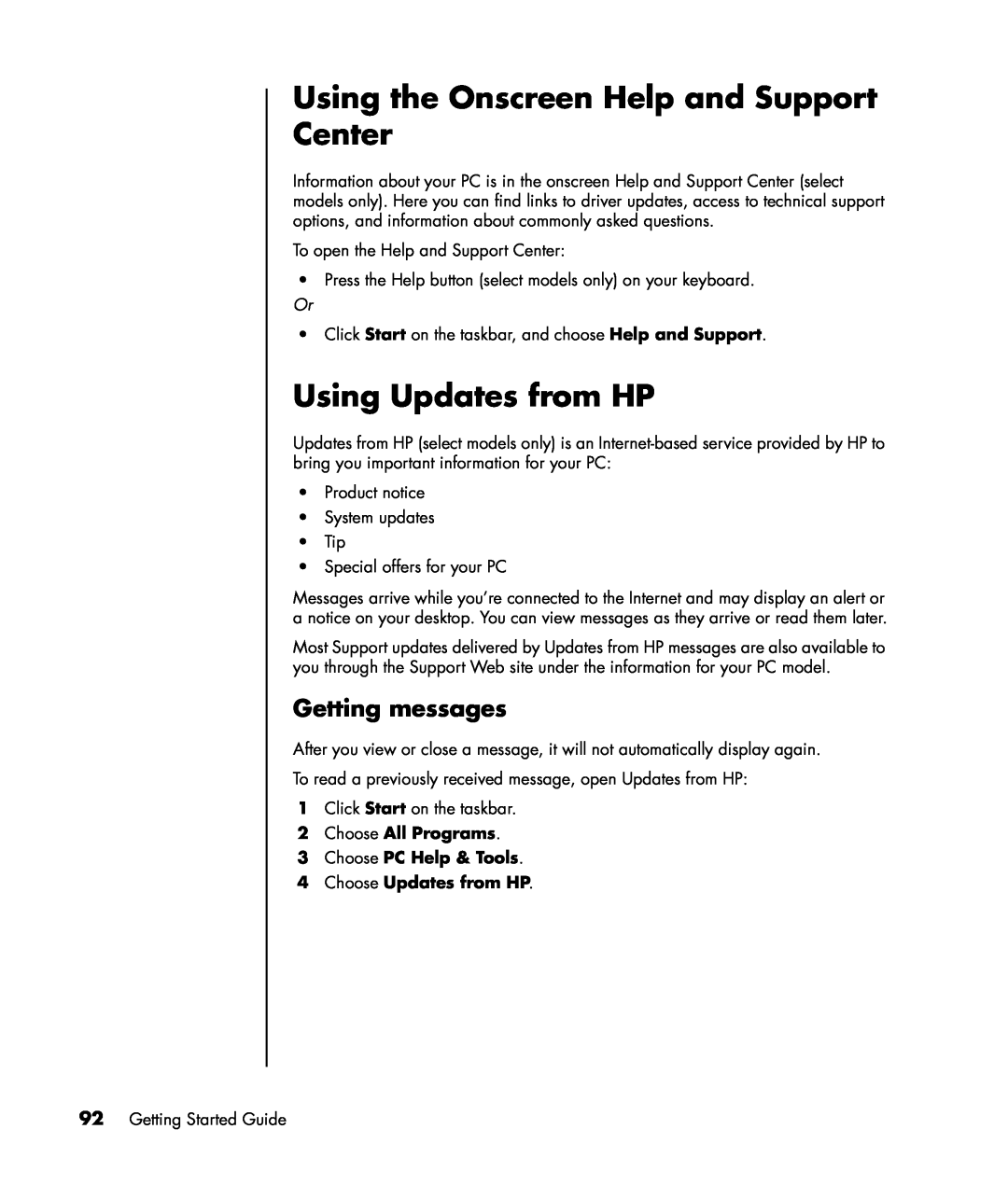 HP a1218n, a1265w, a1260a, a1257c, a1245c Using the Onscreen Help and Support Center, Using Updates from HP, Getting messages 