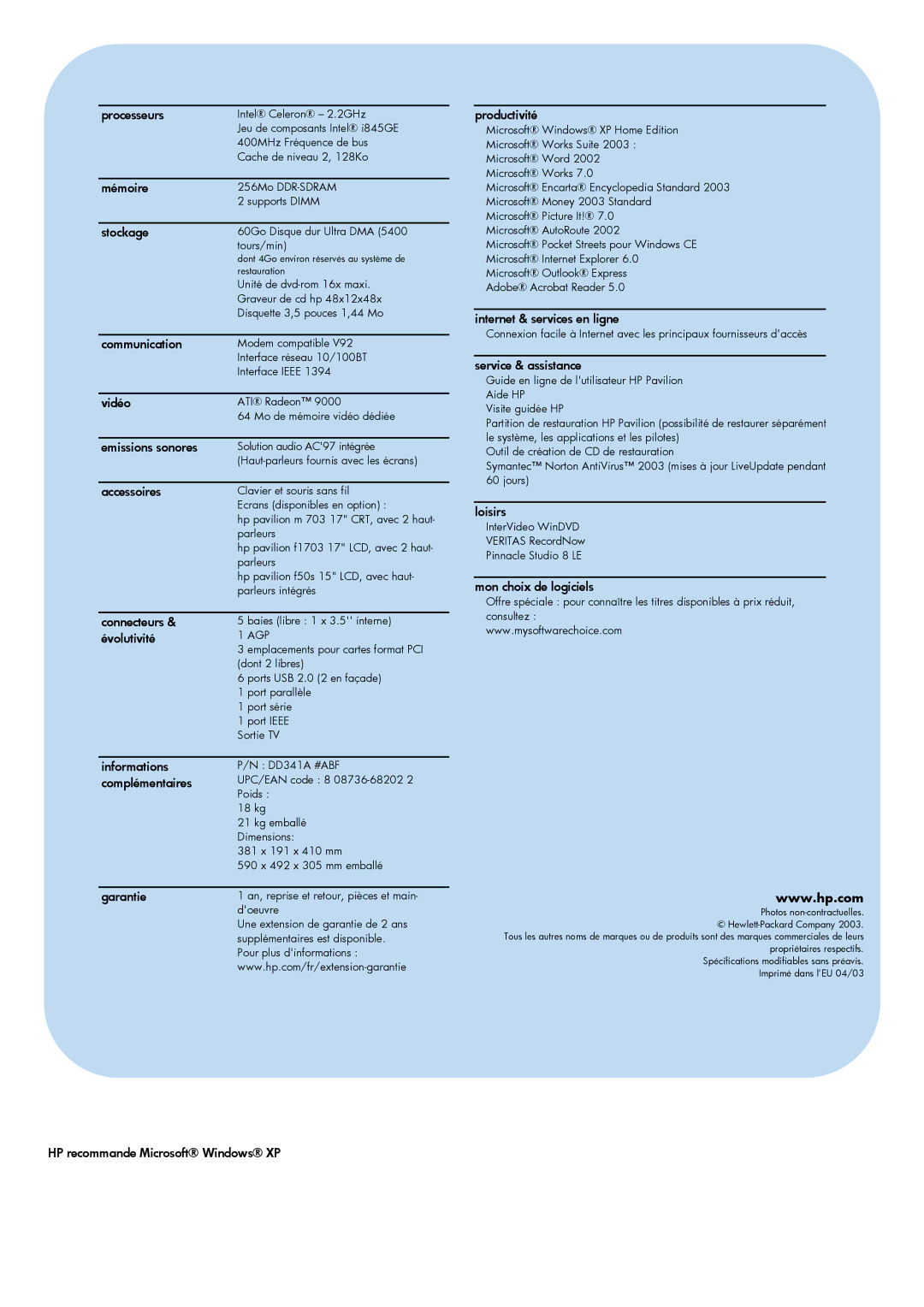 HP a129.fr Processeurs, Mémoire, Stockage, Communication, Vidéo, Emissions sonores, Accessoires, Productivité, Loisirs 