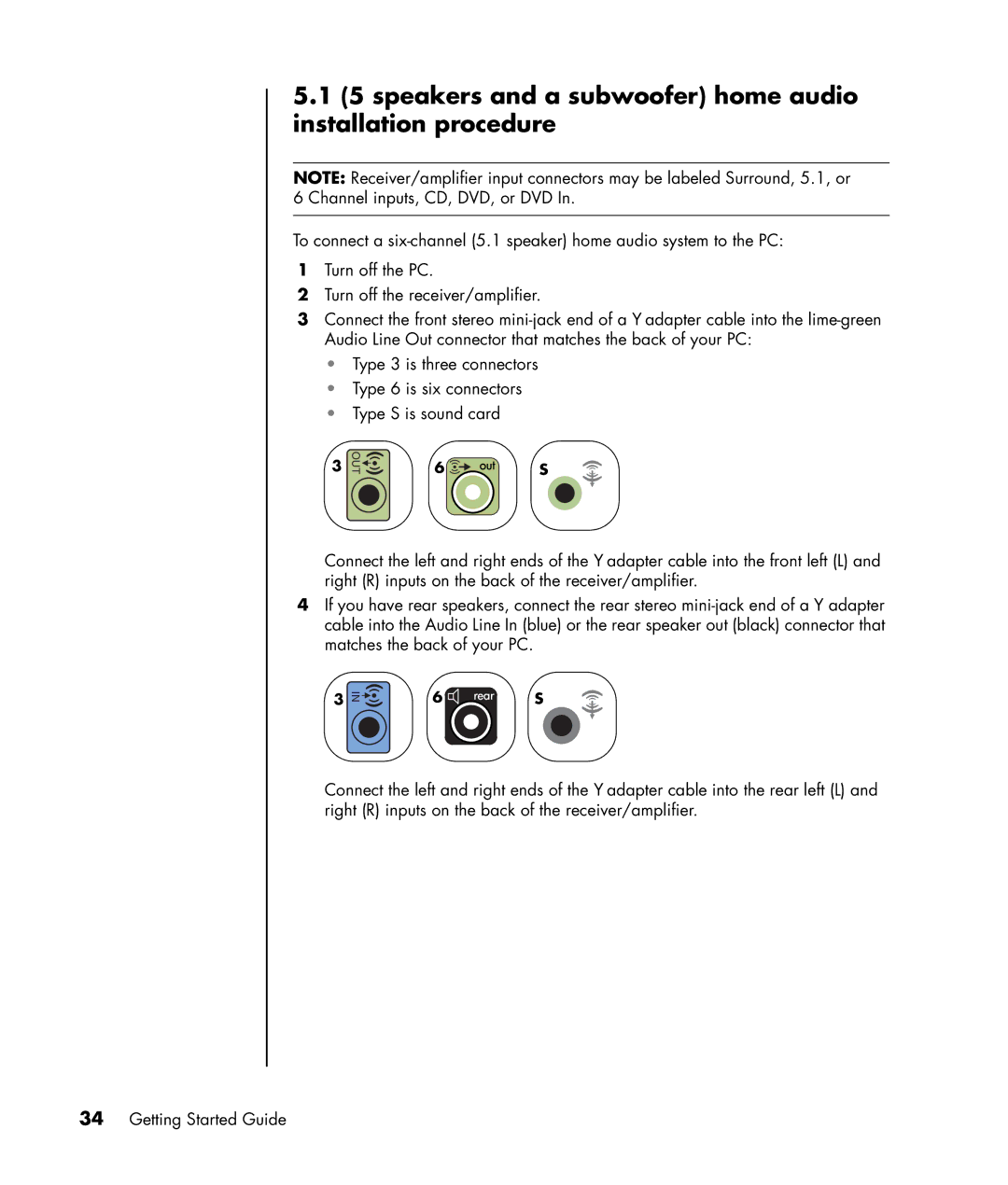 HP a1310y, a1370a, a1350y, a1330e manual speakers and a subwoofer home audio installation procedure 