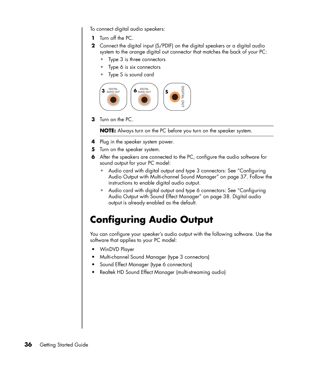 HP a1350y, a1310y, a1370a, a1330e manual Configuring Audio Output, To connect digital audio speakers Turn off the PC 