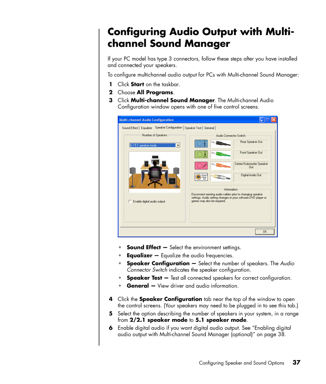 HP a1330e, a1310y, a1370a, a1350y manual Configuring Audio Output with Multi- channel Sound Manager, Choose All Programs 