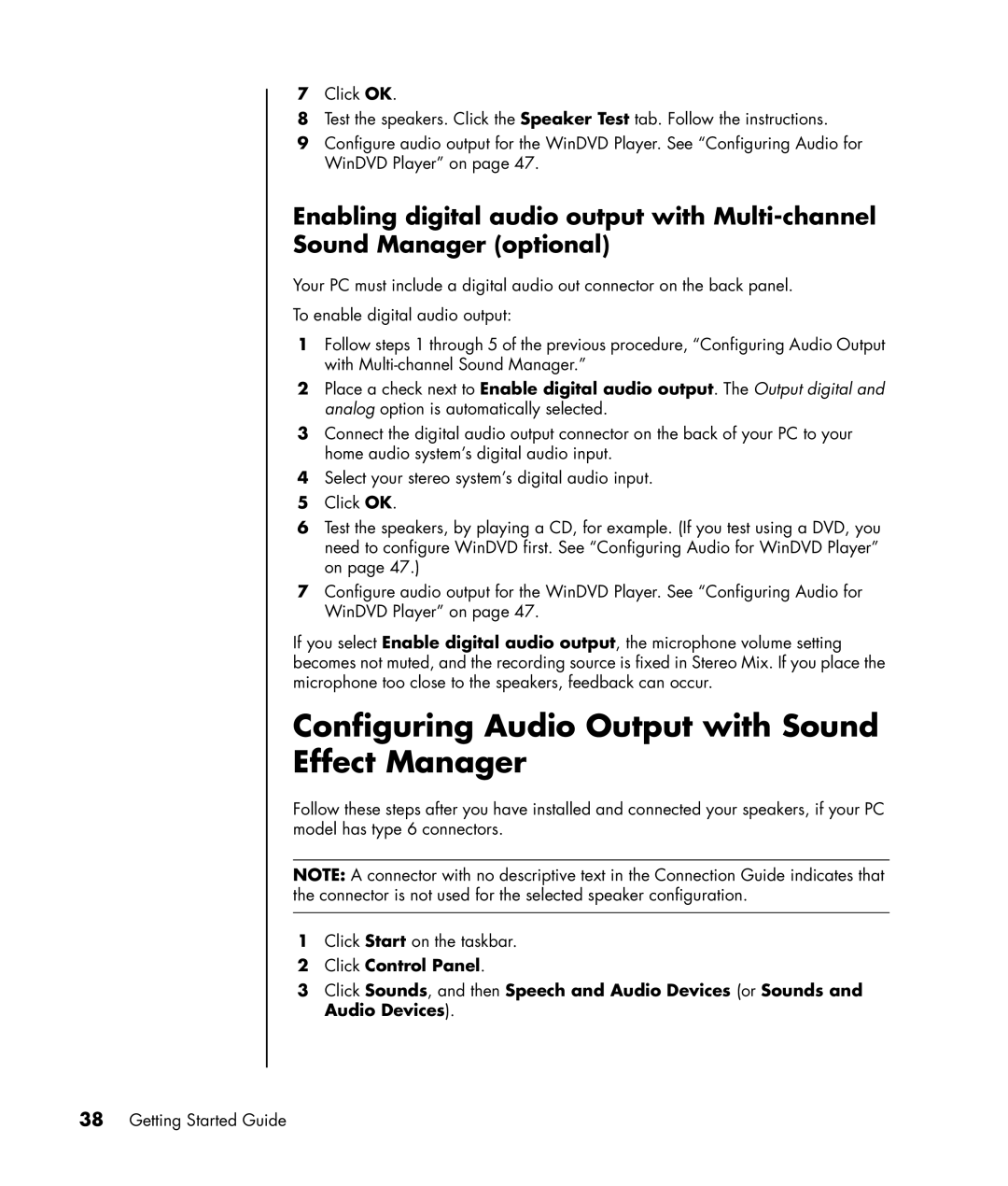 HP a1310y, a1370a, a1350y, a1330e manual Configuring Audio Output with Sound Effect Manager 