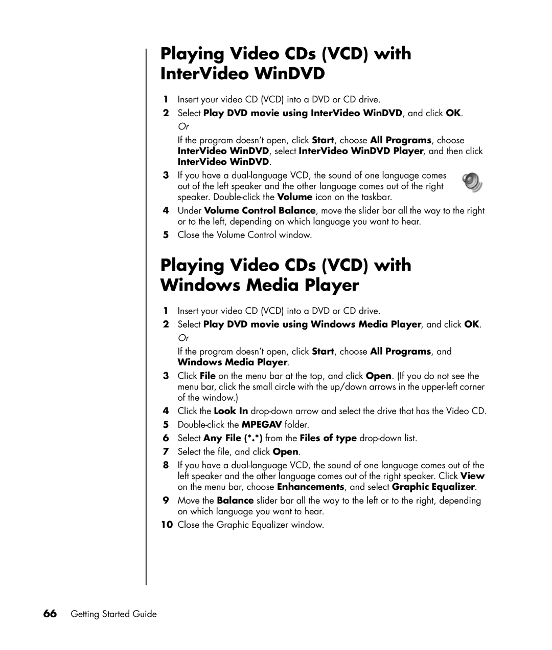 HP a1310y, a1370a, a1350y Playing Video CDs VCD with InterVideo WinDVD, Playing Video CDs VCD with Windows Media Player 