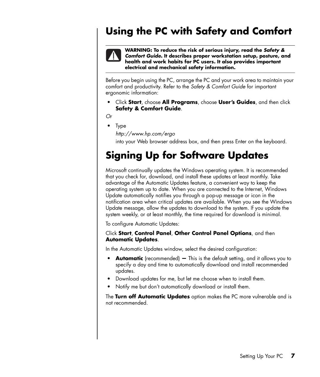 HP a1217n, a1320y, a1428x, a1339d manual Using the PC with Safety and Comfort, Signing Up for Software Updates 