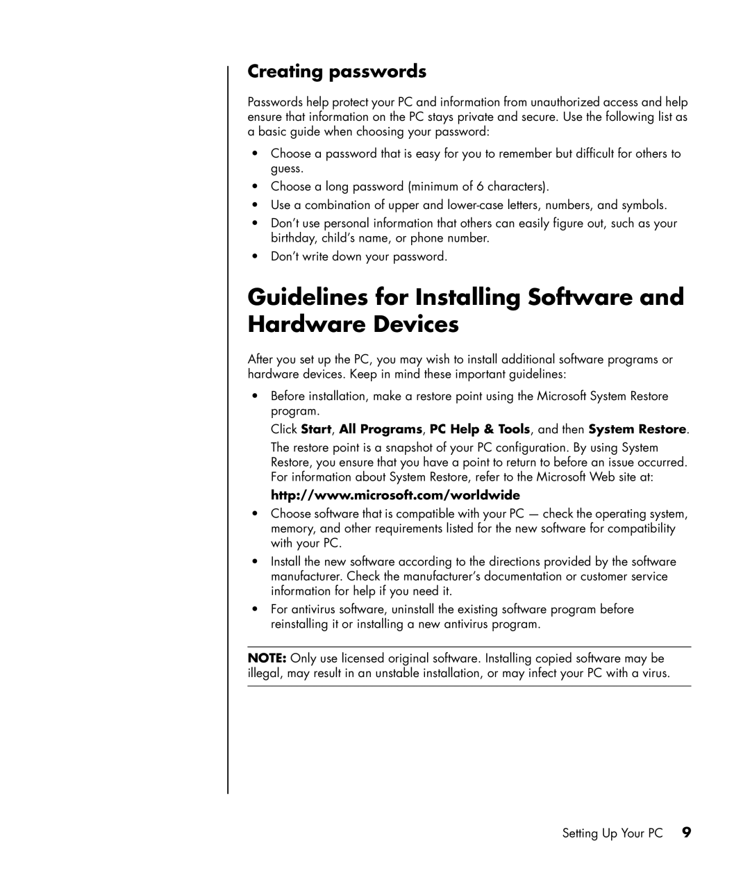 HP a1428x, a1320y, a1339d, a1217n manual Guidelines for Installing Software and Hardware Devices, Creating passwords 