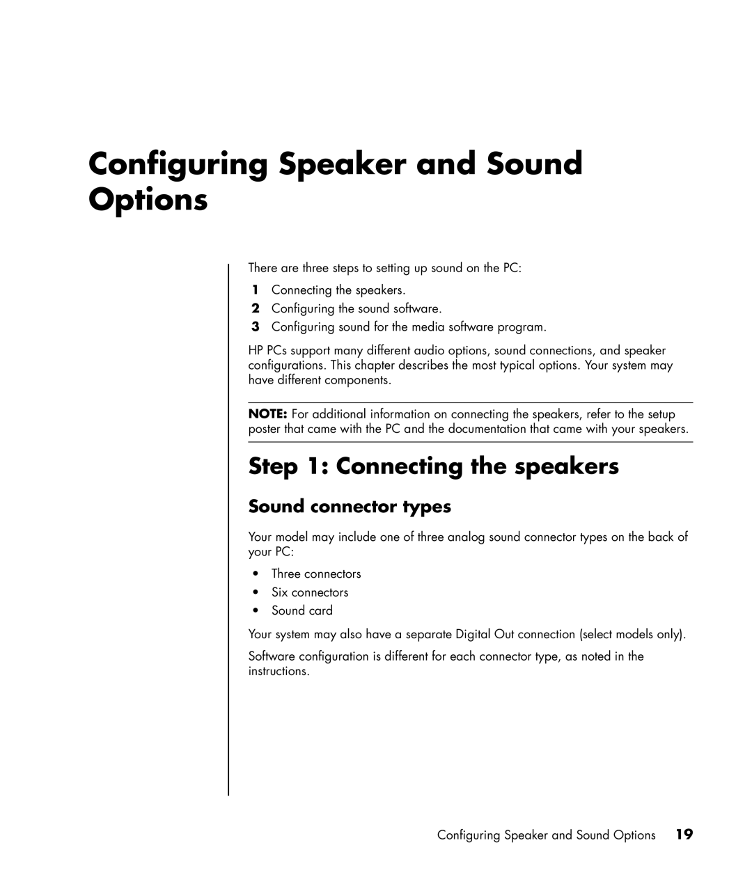 HP a1217n, a1320y, a1428x, a1339d manual Configuring Speaker and Sound Options, Connecting the speakers, Sound connector types 