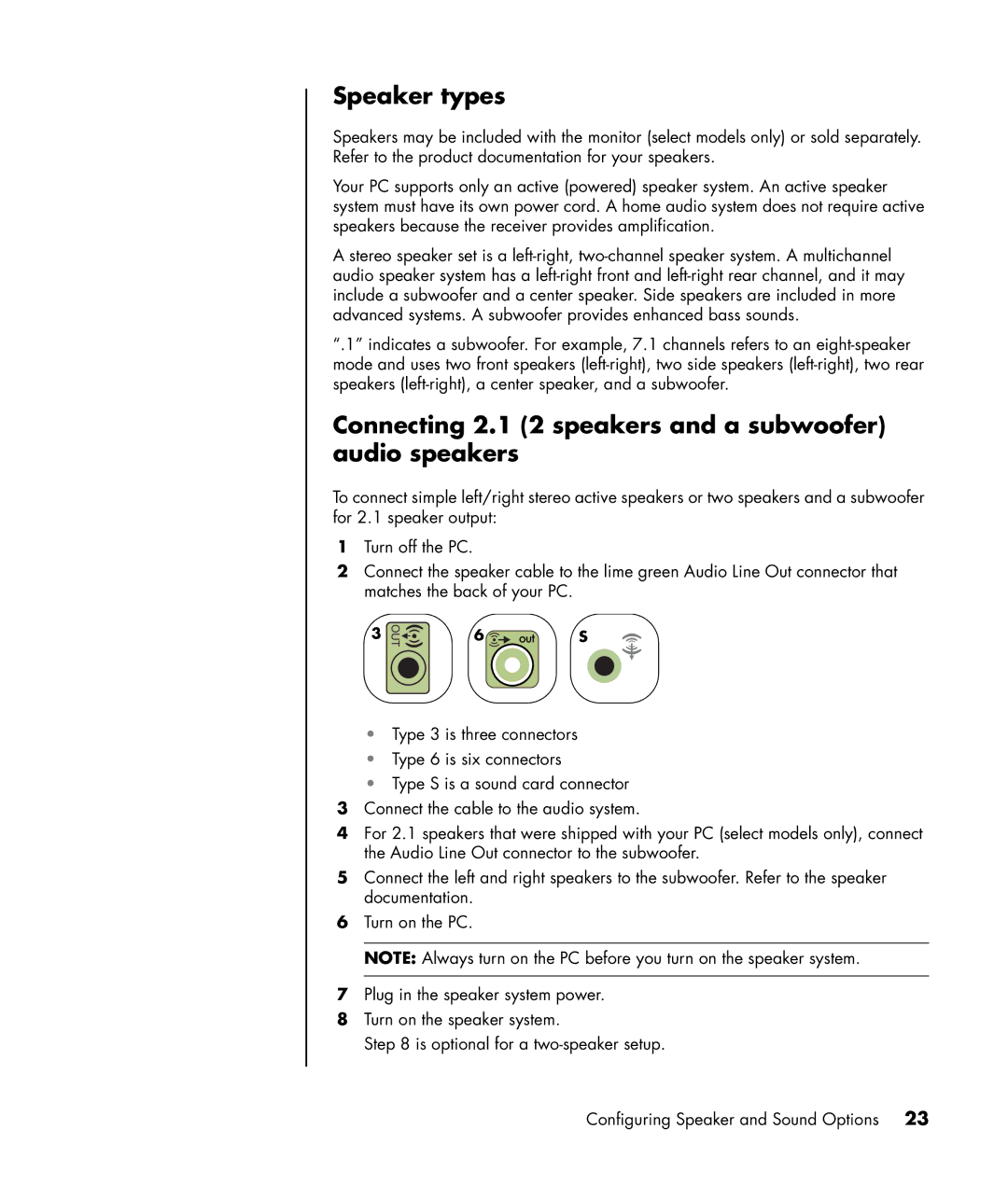 HP a1217n, a1320y, a1428x, a1339d manual Speaker types, Connecting 2.1 2 speakers and a subwoofer audio speakers 