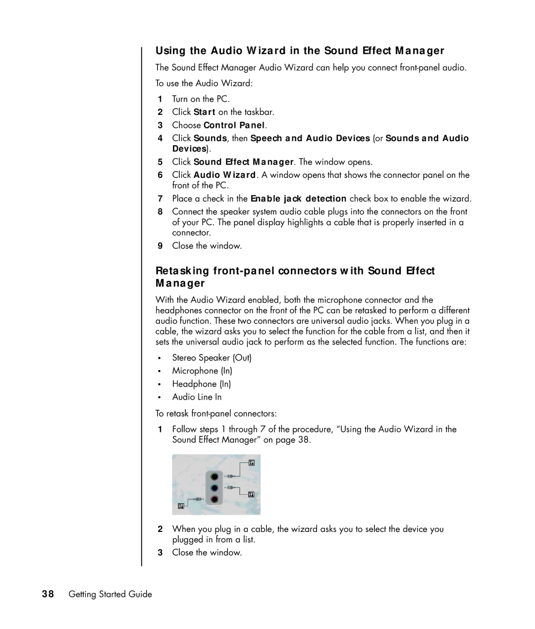 HP a1339d Using the Audio Wizard in the Sound Effect Manager, Retasking front-panel connectors with Sound Effect Manager 