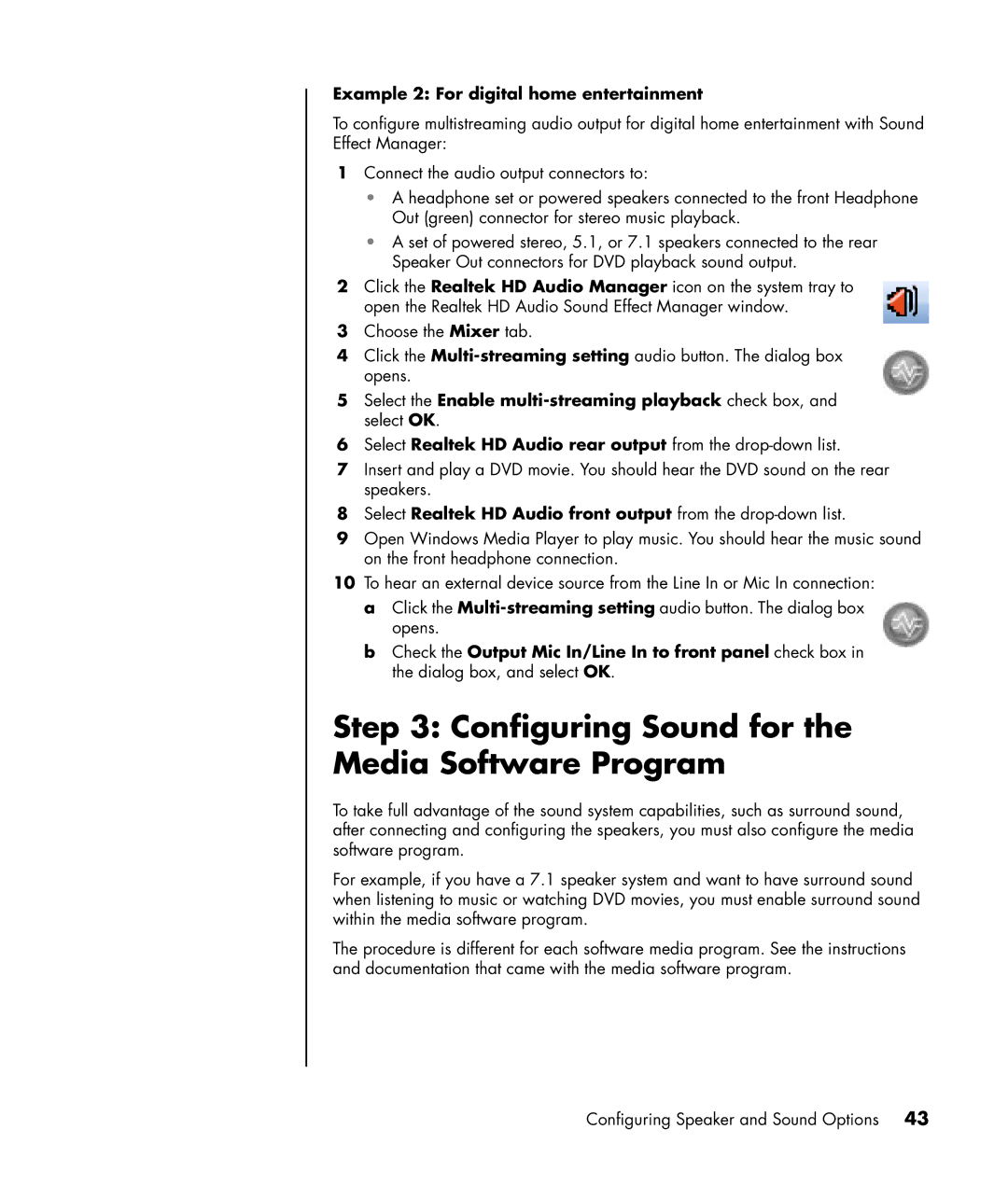 HP a1217n, a1320y, a1428x, a1339d Configuring Sound for the Media Software Program, Example 2 For digital home entertainment 