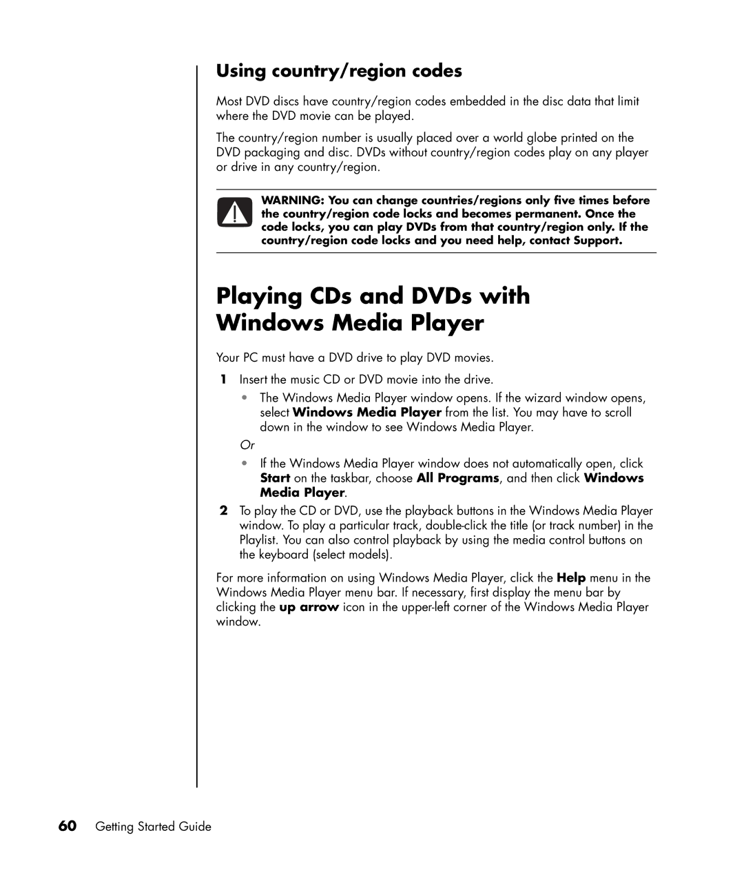 HP a1320y, a1428x, a1339d, a1217n manual Playing CDs and DVDs with Windows Media Player, Using country/region codes 