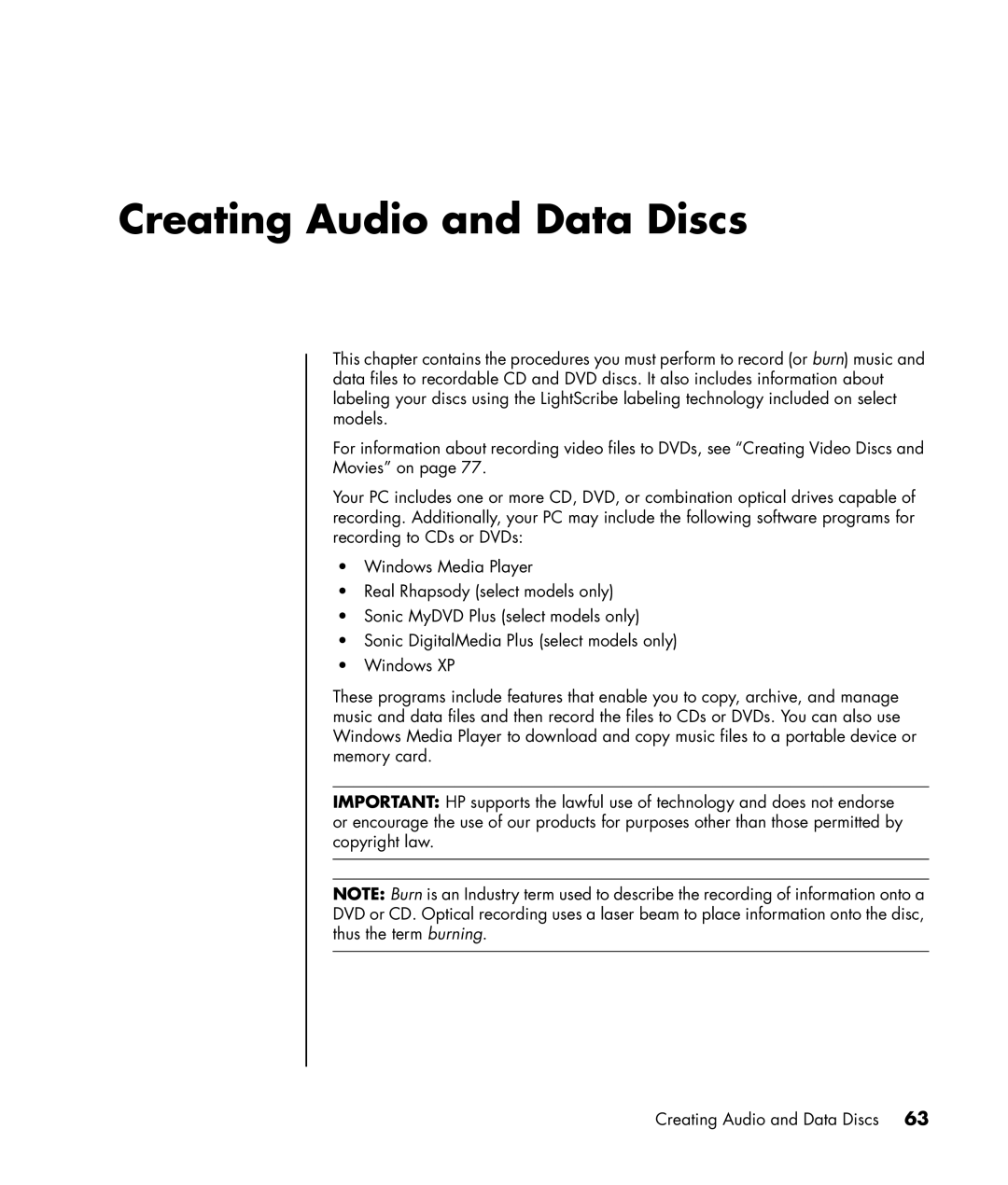 HP a1217n, a1320y, a1428x, a1339d manual Creating Audio and Data Discs 