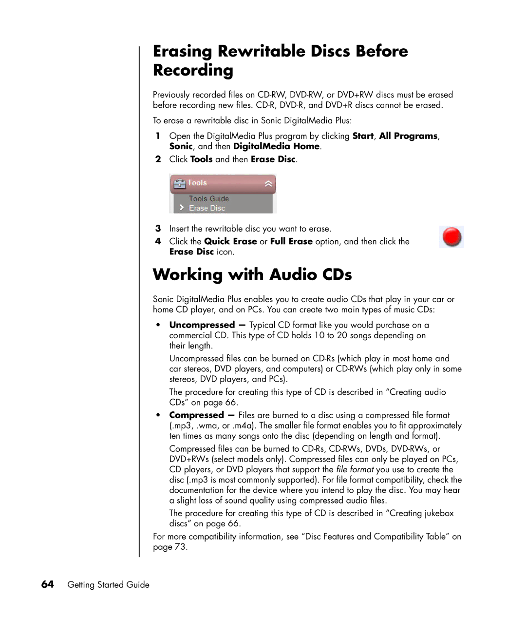 HP a1320y, a1428x, a1339d, a1217n manual Erasing Rewritable Discs Before Recording, Working with Audio CDs 