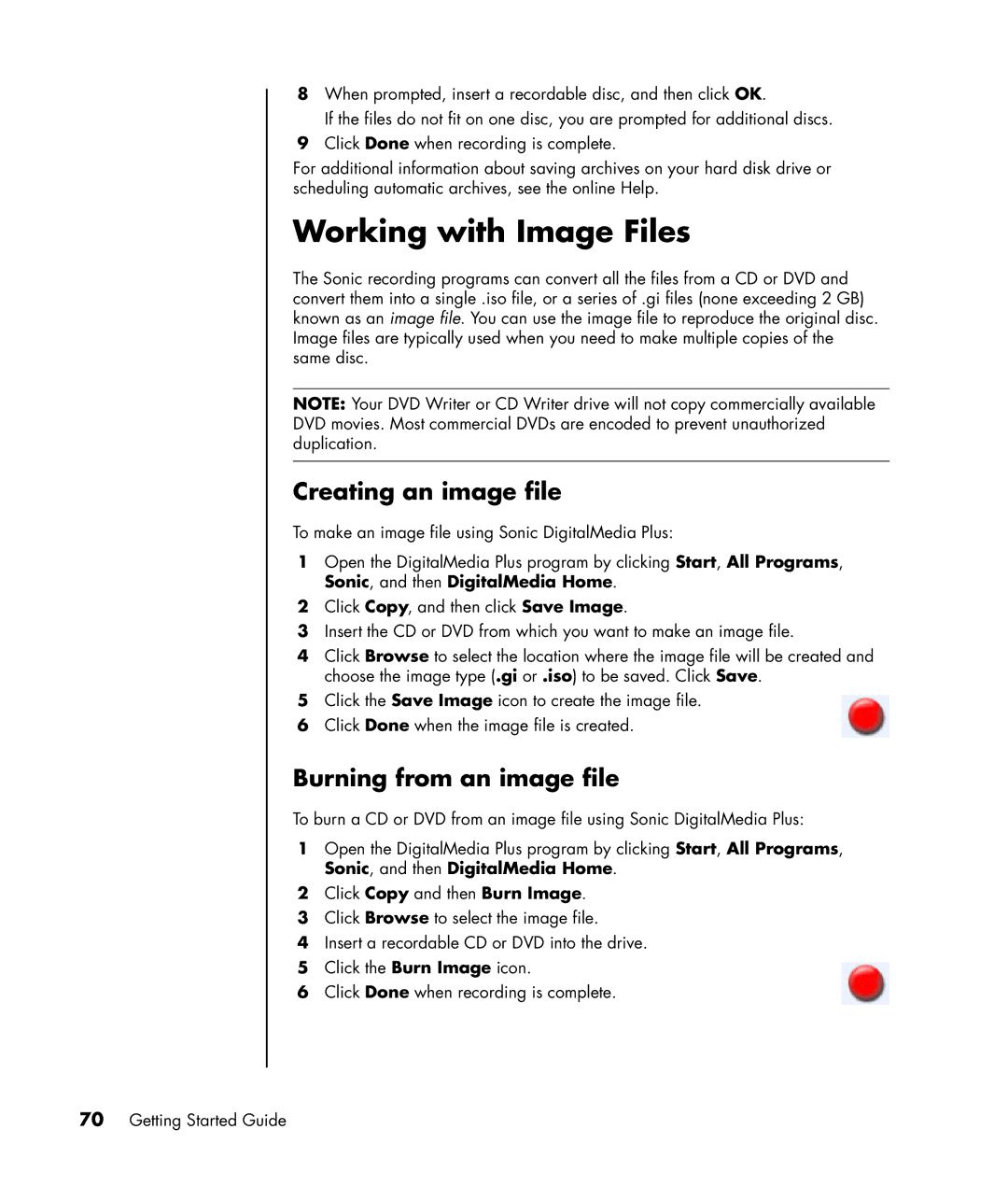 HP a1339d, a1320y, a1428x, a1217n manual Working with Image Files, Creating an image file, Burning from an image file 