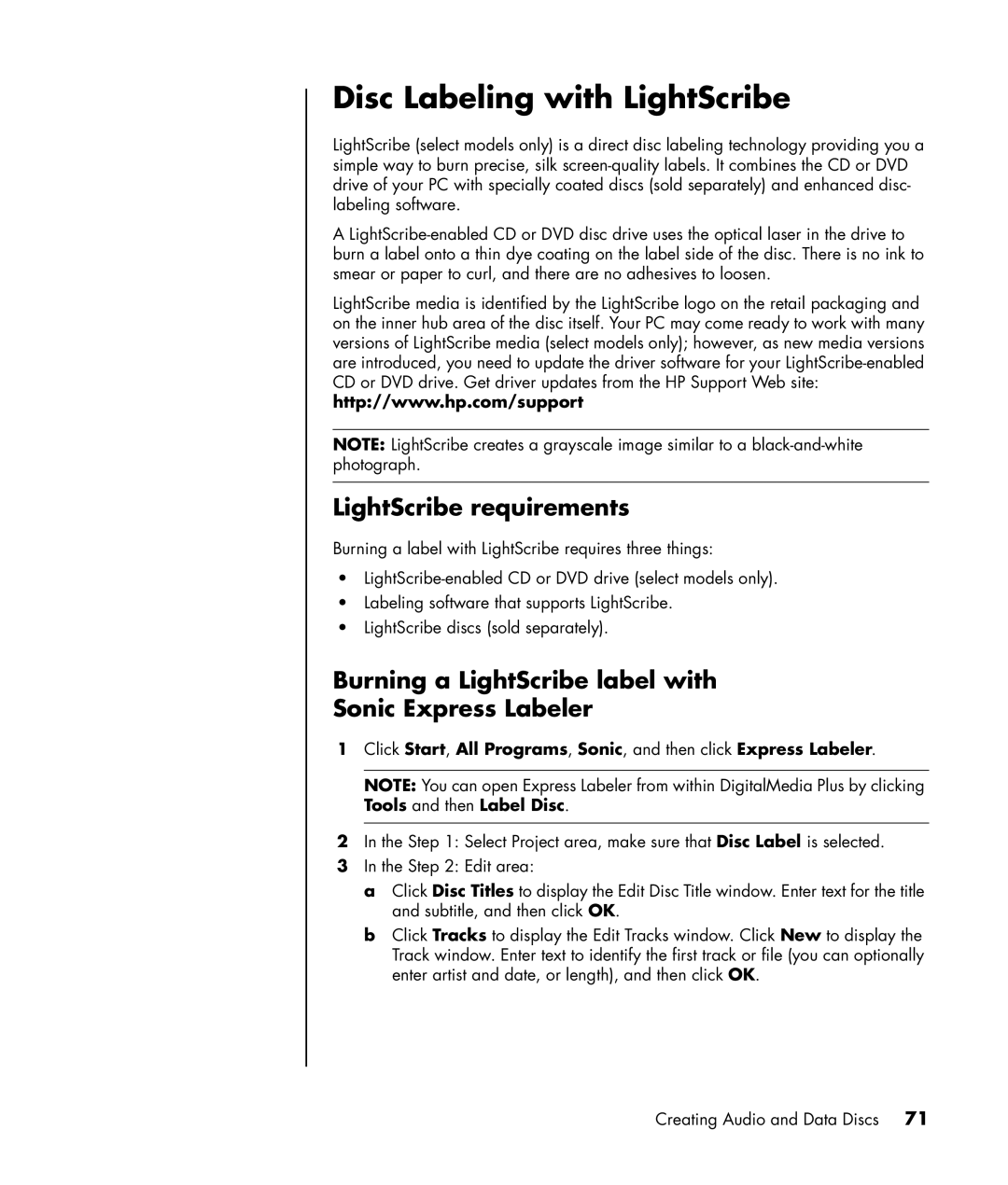 HP a1217n Disc Labeling with LightScribe, LightScribe requirements, Burning a LightScribe label with Sonic Express Labeler 