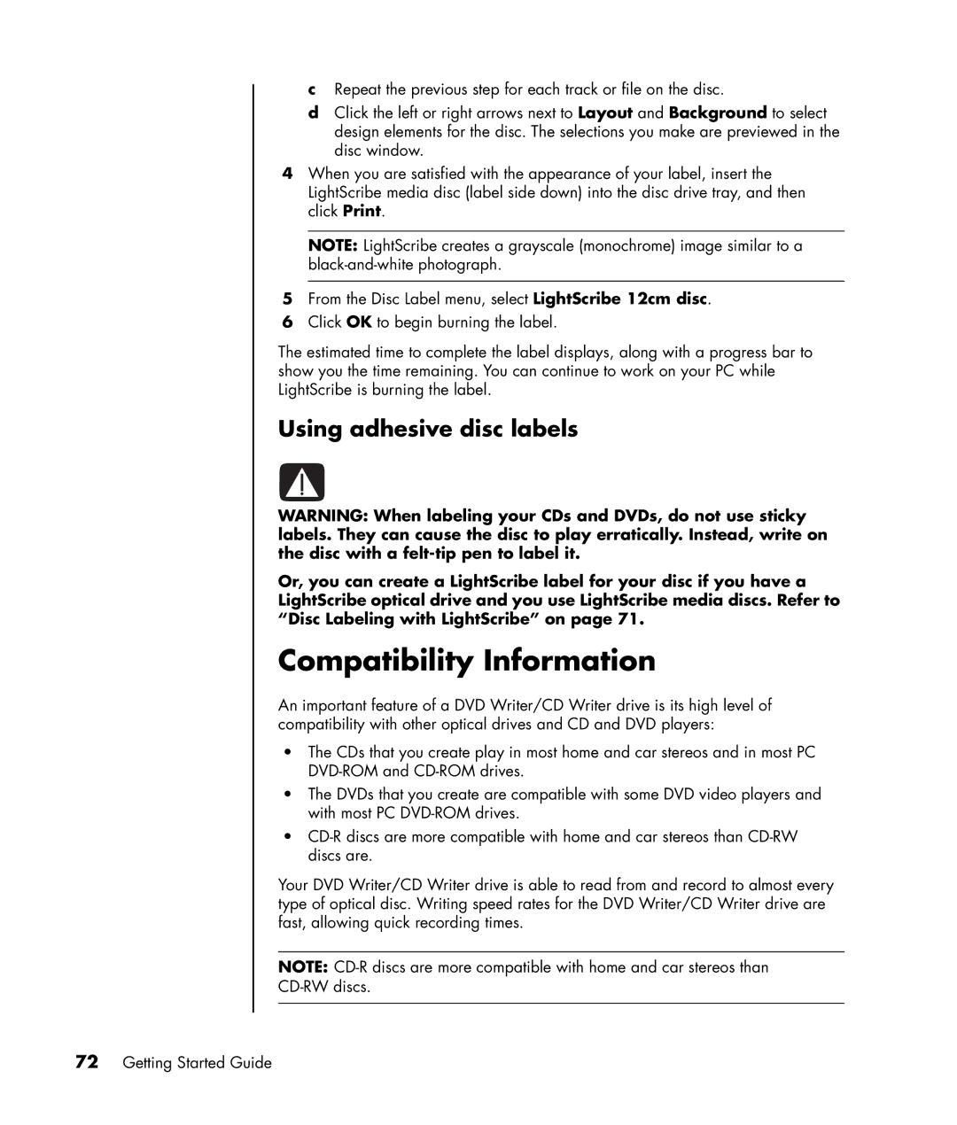 HP a1320y, a1428x, a1339d, a1217n manual Compatibility Information, Using adhesive disc labels 