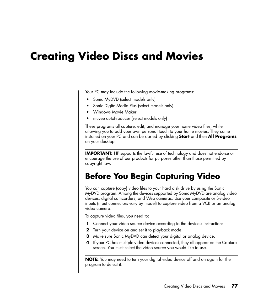 HP a1428x, a1320y, a1339d, a1217n manual Creating Video Discs and Movies, Before You Begin Capturing Video 