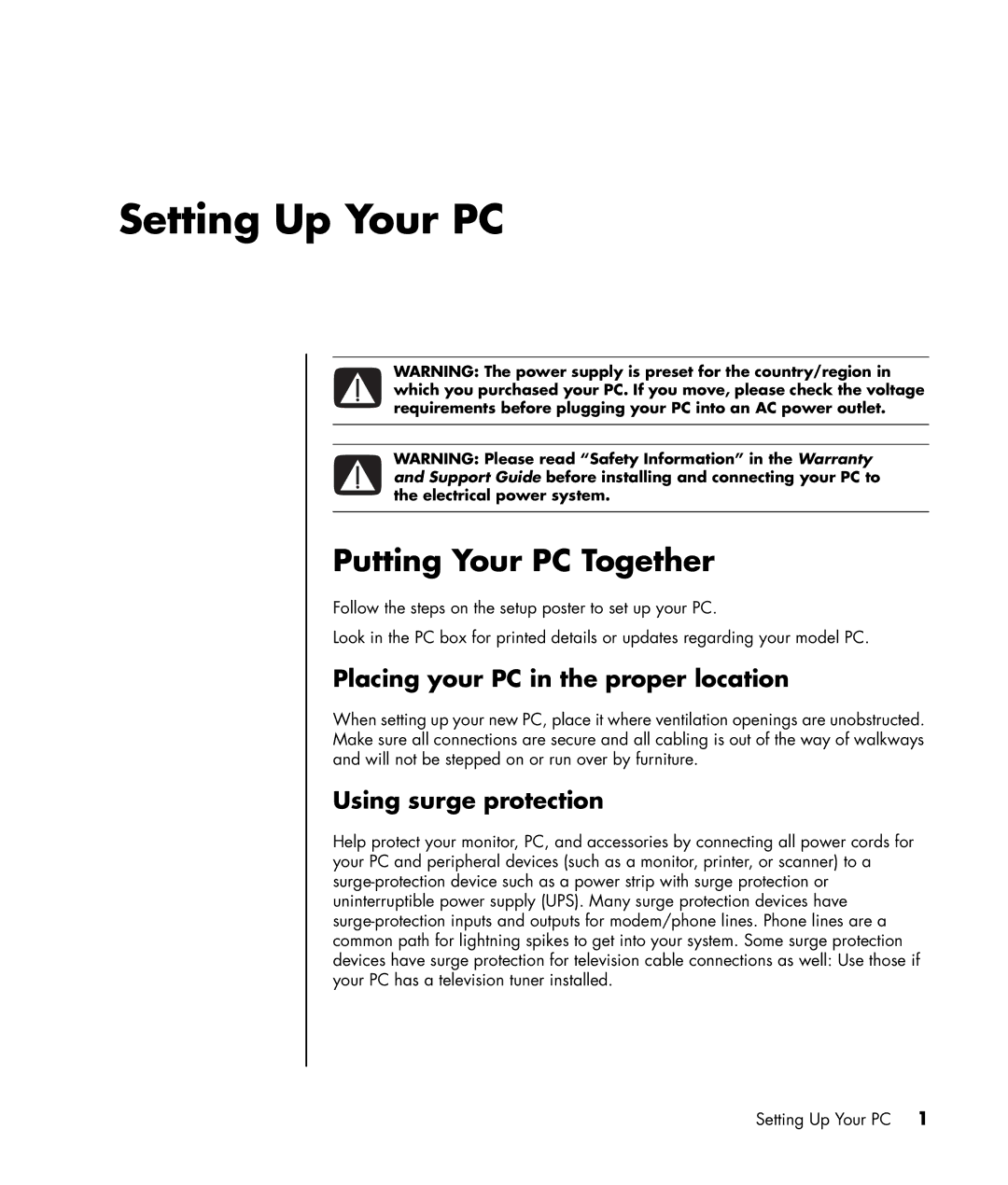 HP a1428x Setting Up Your PC, Putting Your PC Together, Placing your PC in the proper location, Using surge protection 