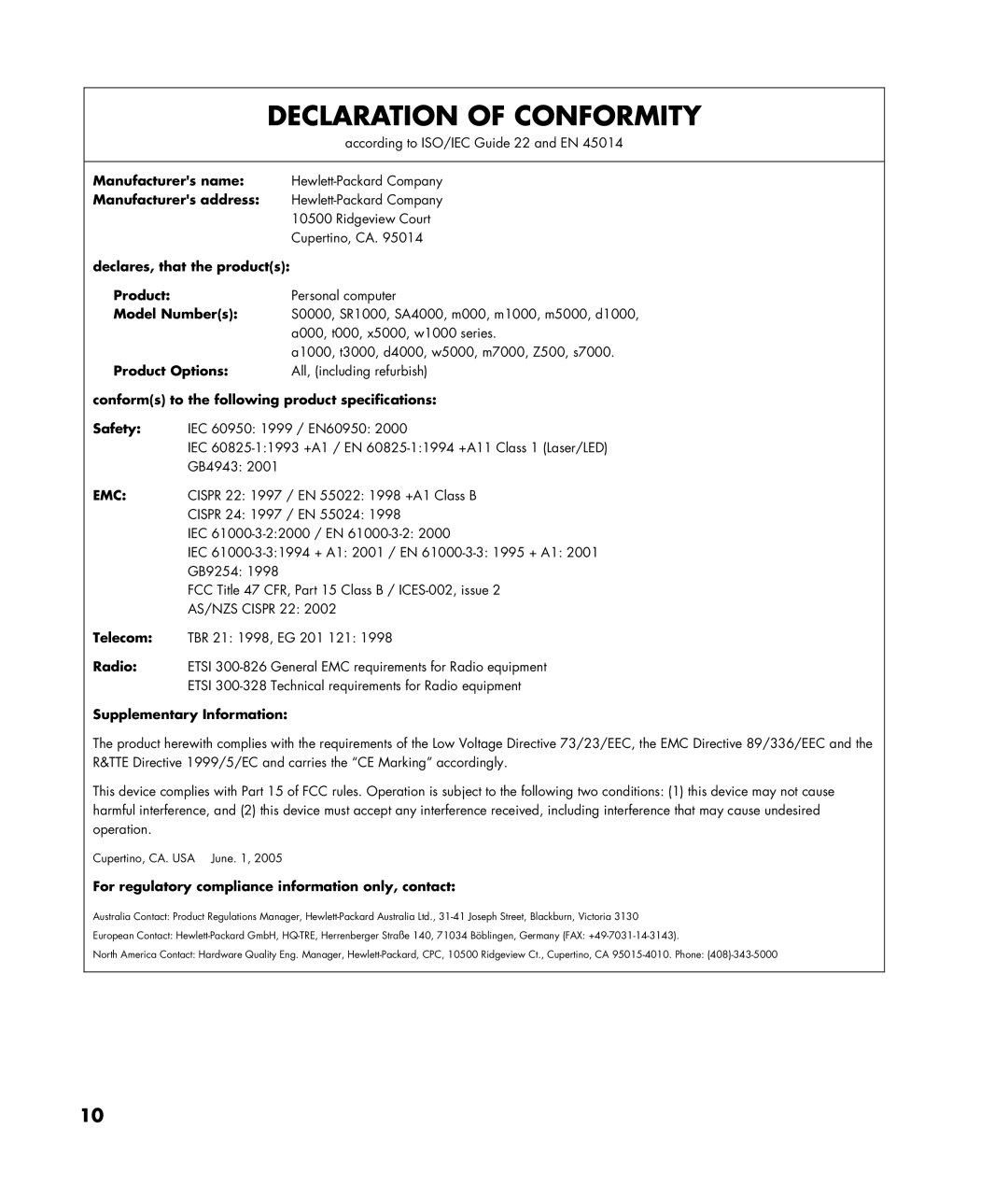 HP a1200e, a1320y, a1428x, a1350y, a1330e, a1217n manual Declaration of Conformity 