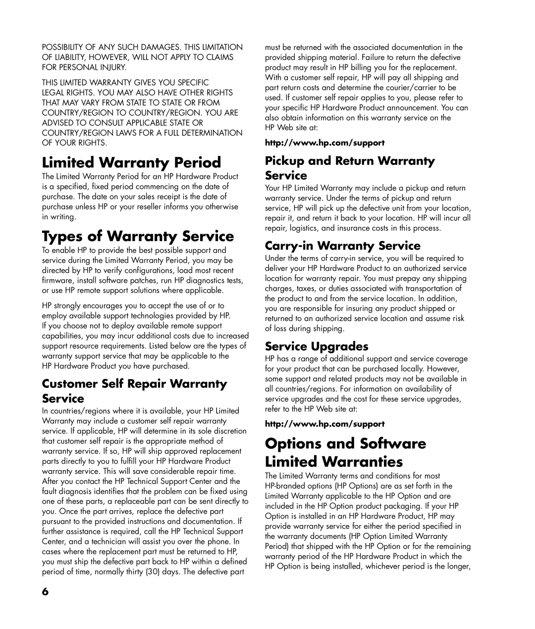 HP a1320y, a1428x, a1350y manual Limited Warranty Period, Types of Warranty Service, Options and Software Limited Warranties 