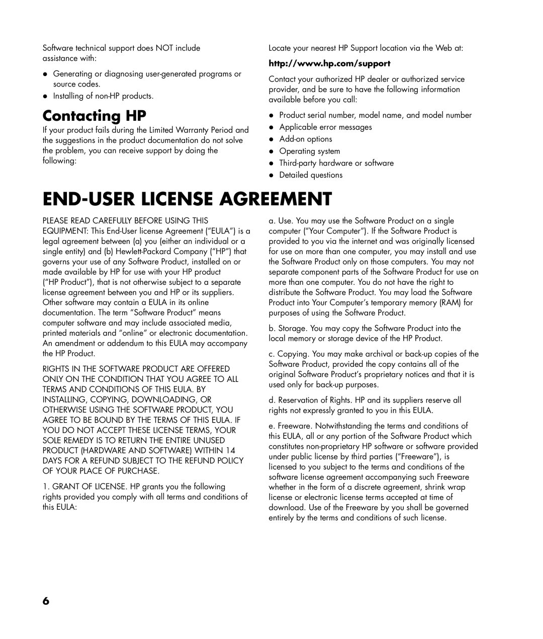 HP a1410y manual END-USER License Agreement, Contacting HP 