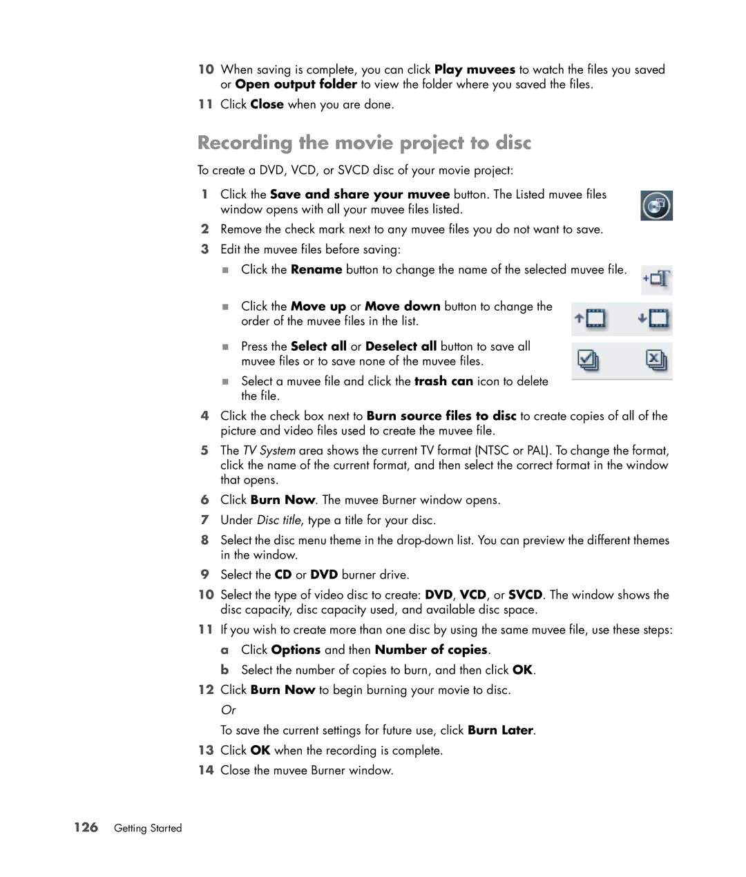 HP SR5091CF, a1520e, a1510y, SR5218HK, SR5223WM, SR5213HK, SR5214X, SR5355AP, SR5352AP manual Recording the movie project to disc 