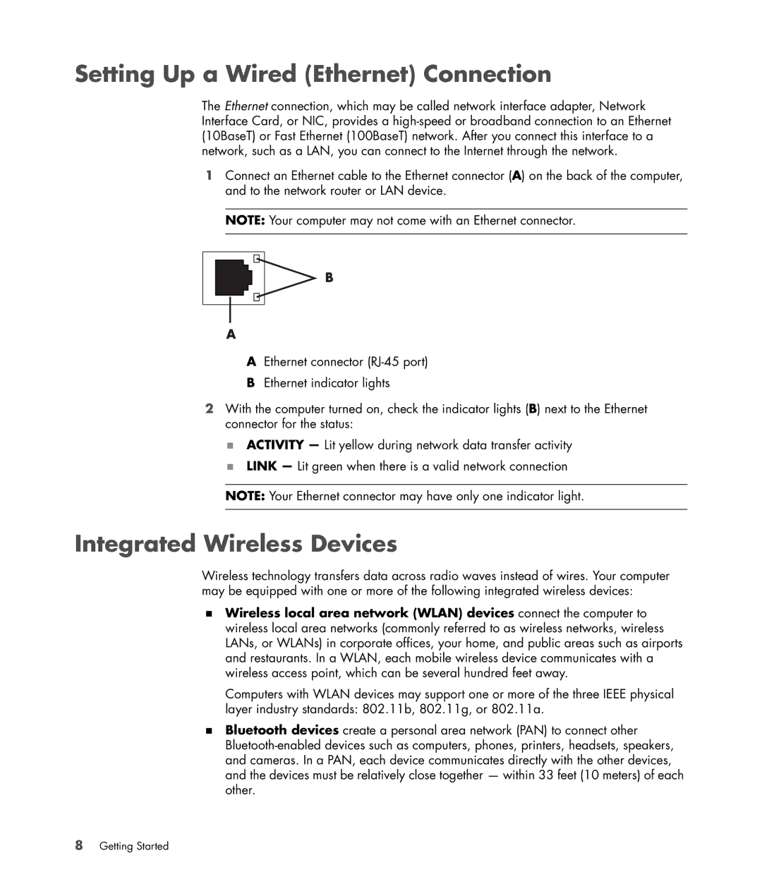 HP SR5015AP, a1520e, a1510y, SR5218HK, SR5223WM, SR5213HK Setting Up a Wired Ethernet Connection, Integrated Wireless Devices 