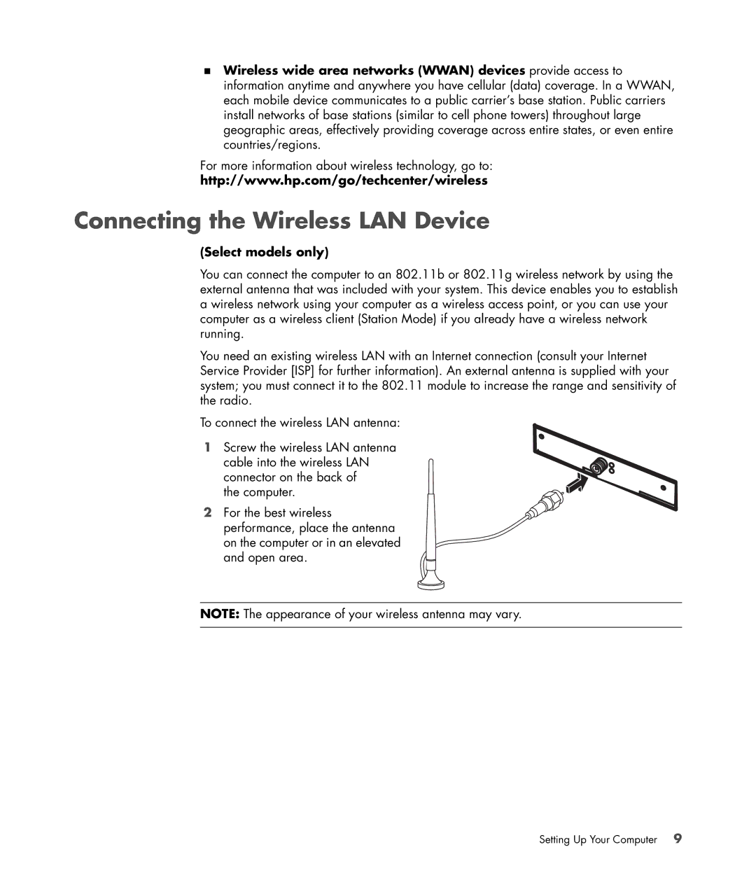 HP SR5010NX, a1520e, a1510y, SR5218HK, SR5223WM, SR5213HK, SR5214X manual Connecting the Wireless LAN Device, Select models only 