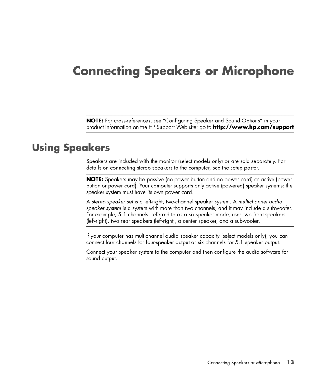 HP SR5121CF, a1520e, a1510y, SR5218HK, SR5223WM, SR5213HK, SR5214X, SR5355AP Connecting Speakers or Microphone, Using Speakers 