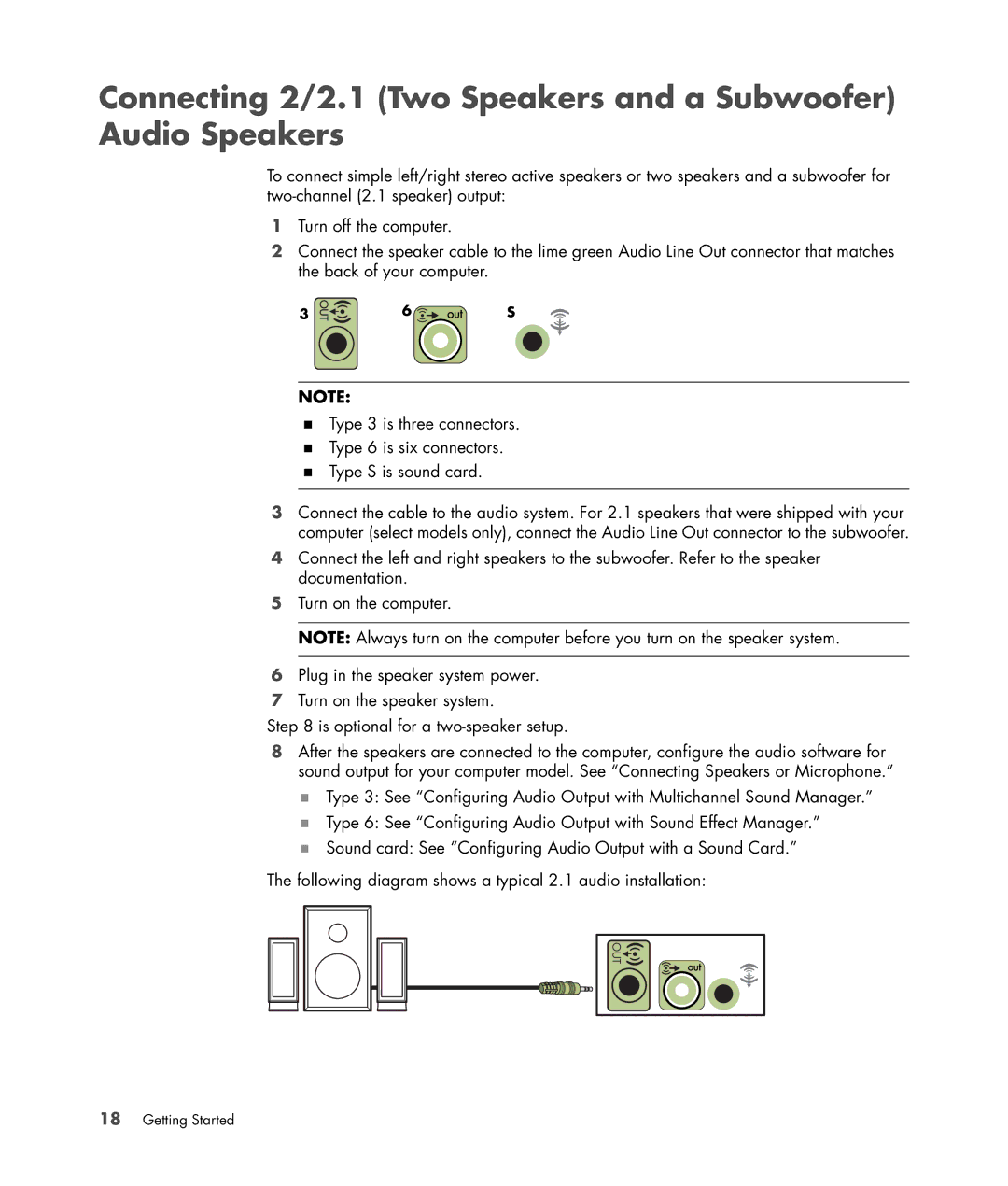 HP SR5091CF, a1520e, a1510y, SR5218HK, SR5223WM, SR5213HK, SR5214X Connecting 2/2.1 Two Speakers and a Subwoofer Audio Speakers 