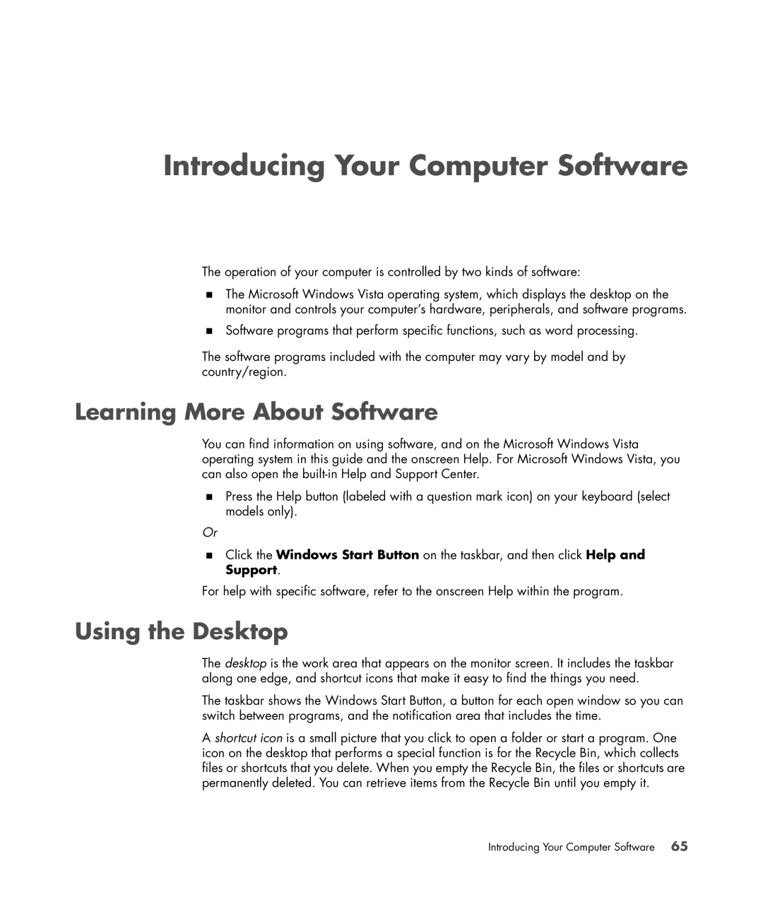 HP a1510y, a1520e, SR5218HK, SR5223WM Introducing Your Computer Software, Learning More About Software, Using the Desktop 